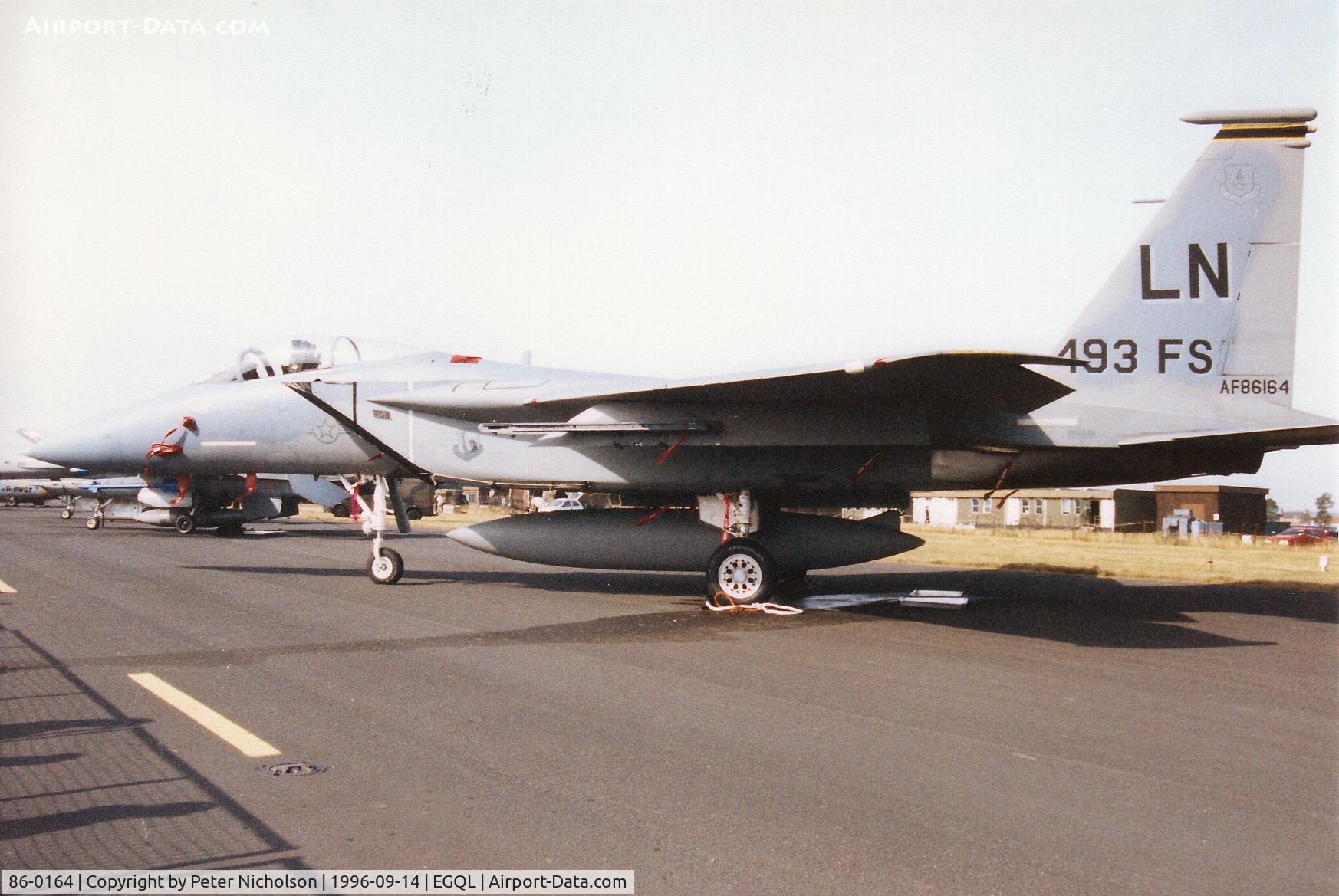 86-0164, 1986 McDonnell Douglas F-15C Eagle C/N 1011/C392, F-15C Eagle, callsign Reaper 01, of RAF Lakenheath's 493rd Fighter Squadron/48th Fighter Wing on display at the 1996 RAF Leuchars Airshow.