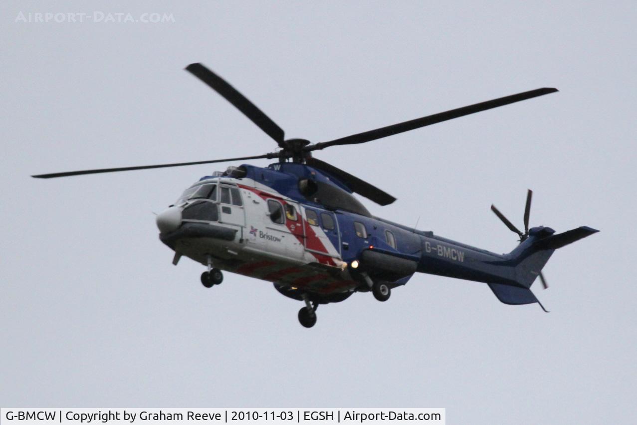 G-BMCW, 1985 Aerospatiale AS-332L-1 Super Puma C/N 2161, About to land at Norwich.