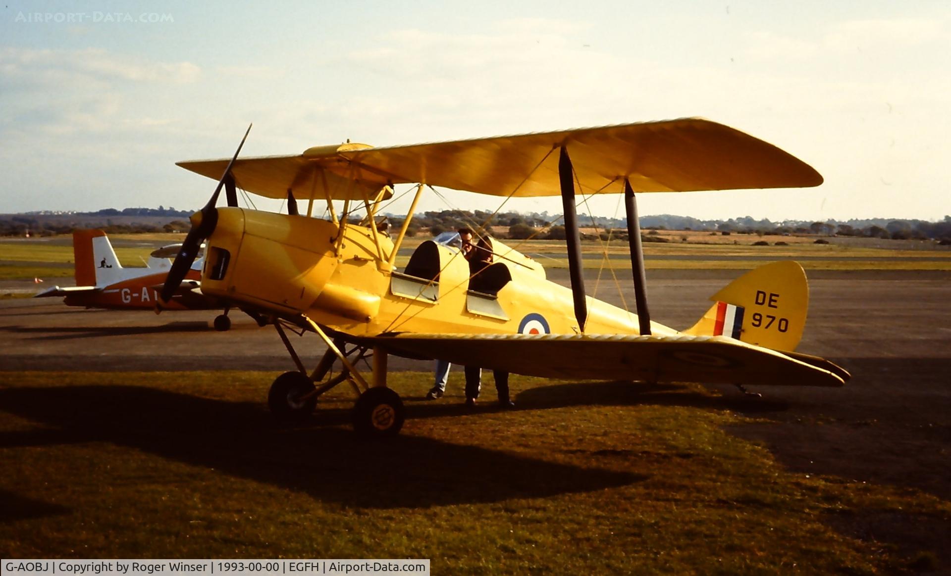 G-AOBJ, 1942 De Havilland DH-82A Tiger Moth II C/N 85830, Visiting DH Tiger Moth at the airport in 1993. Carries the RAF serial number DE970. Date is a guess.