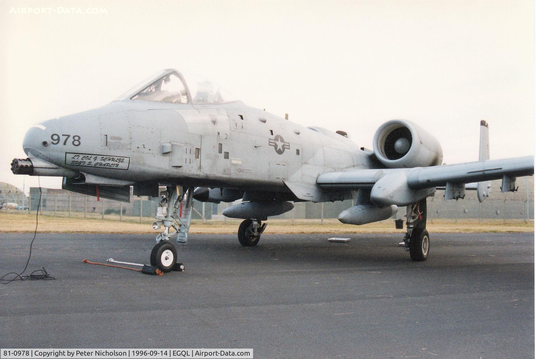 81-0978, 1981 Fairchild Republic A-10A Thunderbolt II C/N A10-0673, A-10A Thunderbolt, callsign Big Dog 1, of 81st Fighter Squadron/52nd Fighter Wing at Spangdahlem on display at the 1996 RAF Leuchars Airshow.