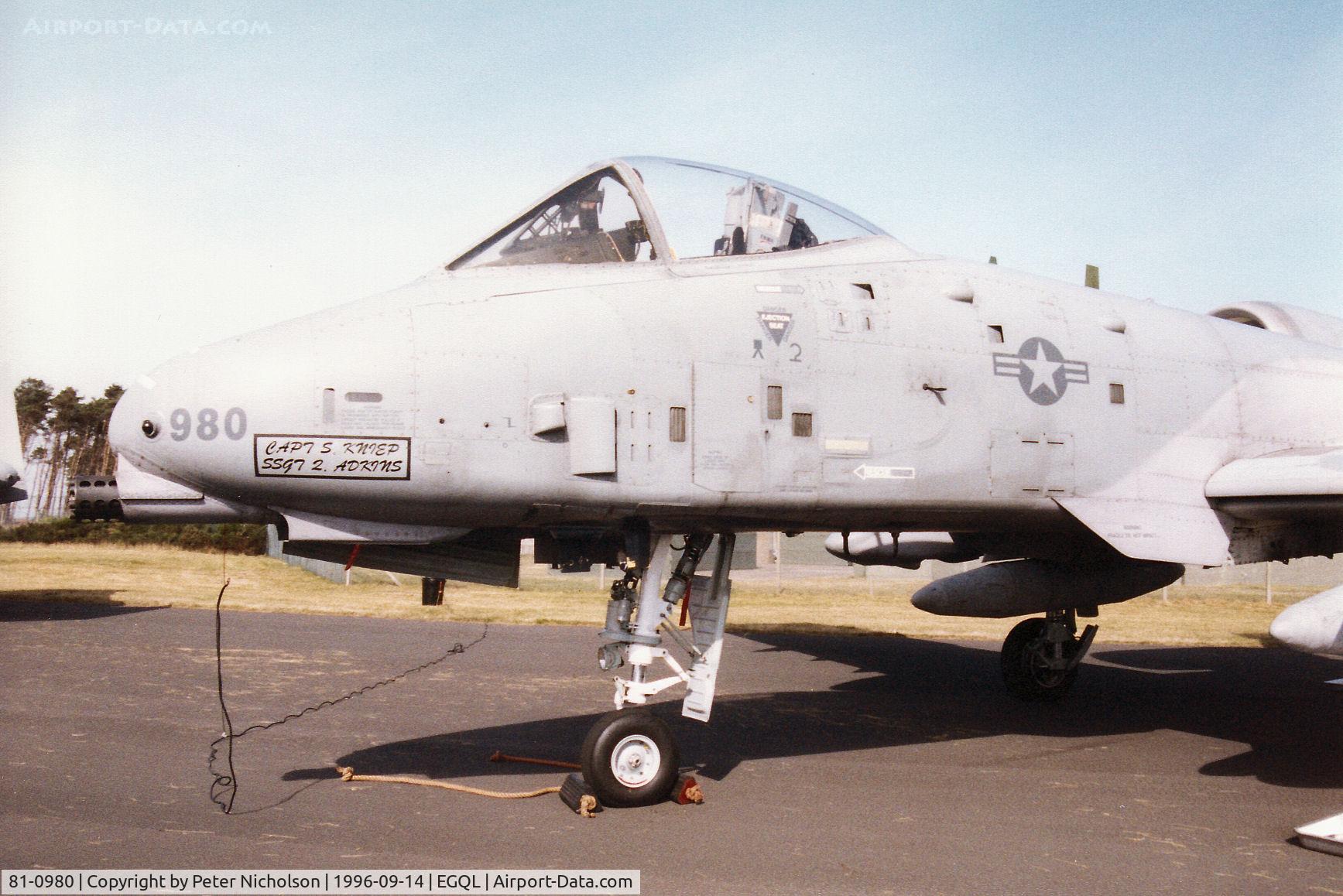 81-0980, 1980 Fairchild Republic A-10A Thunderbolt II C/N A10-0675, A-10A Thunderbolt, callsign Big Dog 2, of Spangdahlem's 81st Fighter Squadron/52nd Fighter Wing on display at the 1996 RAF Leuchars Airshow.