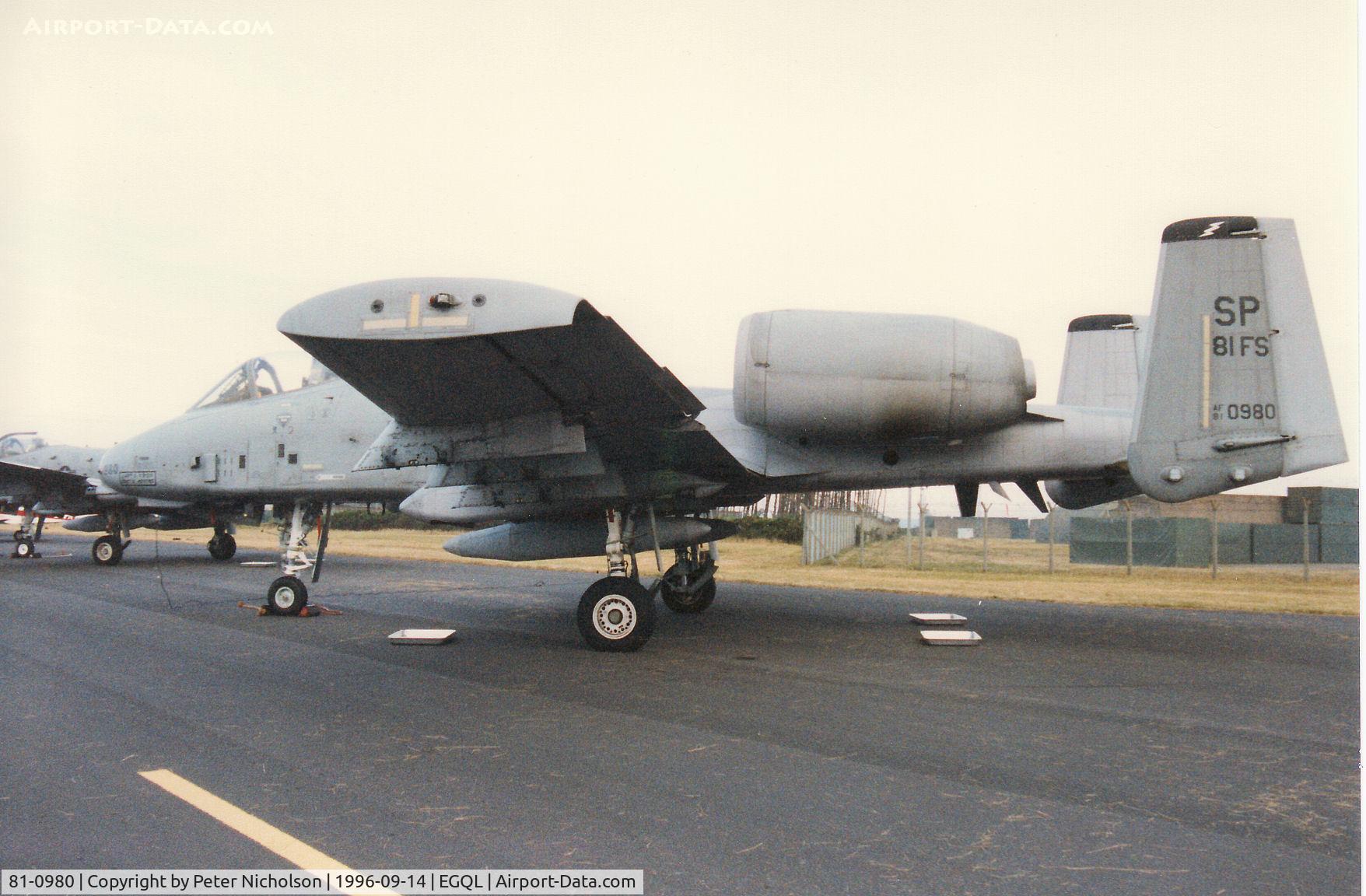 81-0980, 1980 Fairchild Republic A-10A Thunderbolt II C/N A10-0675, Another view of the A-10A Thunderbolt, callsign Big Dog 2, of 81st Fighter Squadron/52nd Fighter Wing on display at the 1996 RAF Leuchars Airshow.