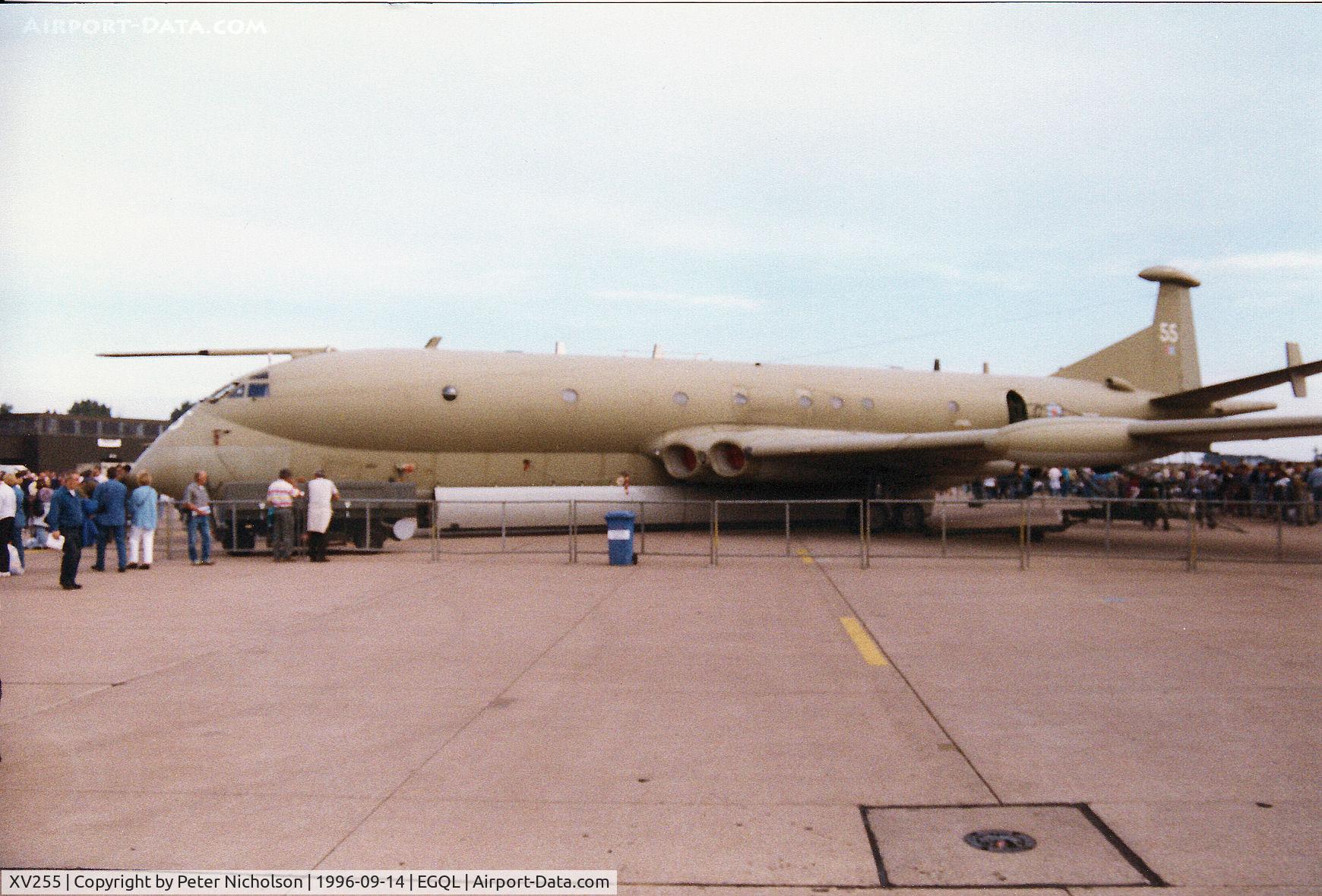 XV255, Hawker Siddeley Nimrod MR.2 C/N 8030, Nimrod MR.2, callsign One Five Victor, of the Kinloss Maritime Wing on display at the 1996 RAF Leuchars Airshow.