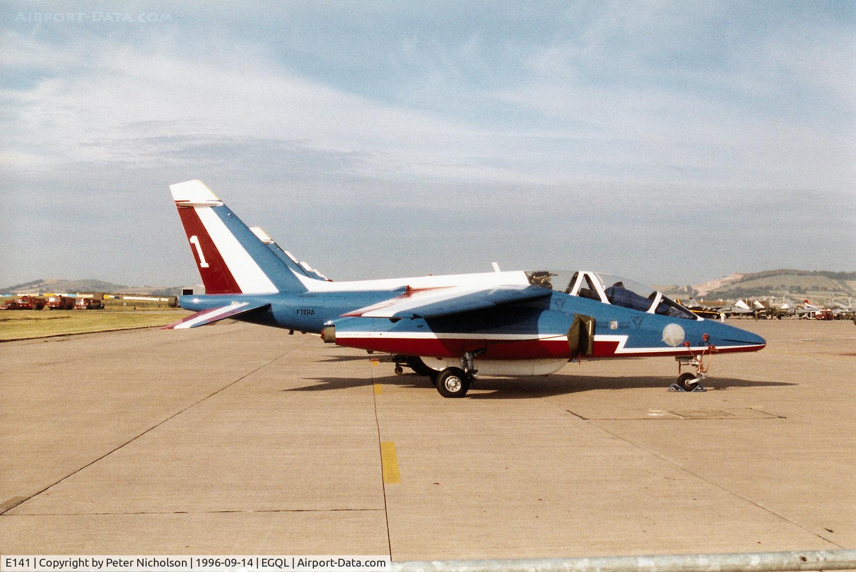E141, Dassault-Dornier Alpha Jet E C/N E141, Alpha Jet number 1 of the French aerobatic display team La Patrouille de France on display at the 1996 RAF Leuchars Airshow.