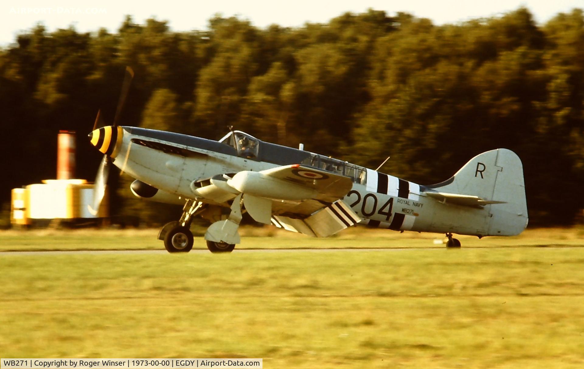WB271, 1949 Fairey Firefly AS.5 C/N F.8497, RNHF Firefly coded 204/R in 812 NAS colours. Landing at RNAS Yeovilton (HMS Heron) in the 1970's. The date is a guess.