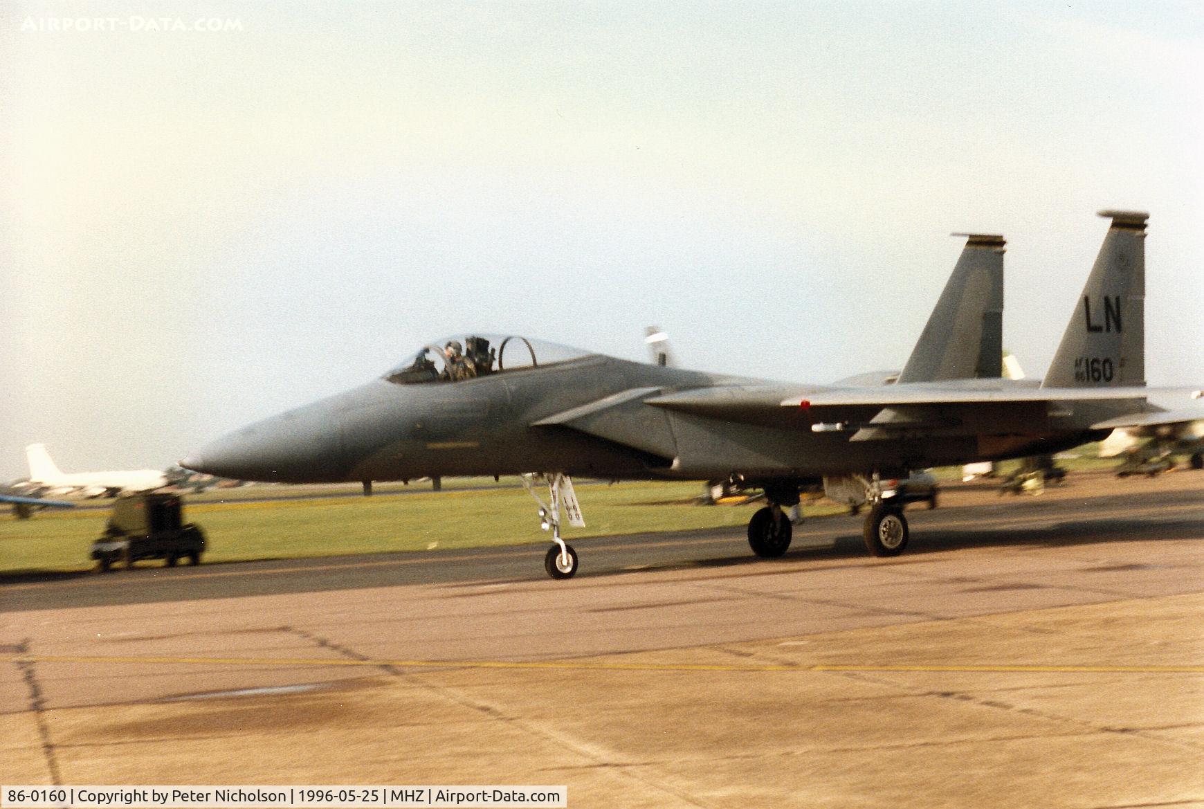 86-0160, 1986 McDonnell Douglas F-15C Eagle C/N 1007/C388, F-15C Eagle of RAF Lakenheath's 493rd Fighter Squadron/48th Fighter Wing on the flight-line at the 1996 RAF Mildenhall Air Fete.