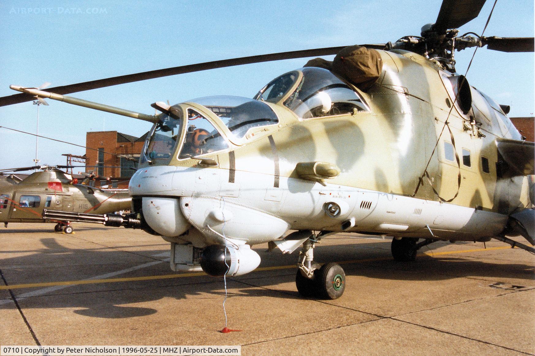 0710, Mil Mi-24V Hind E C/N 730710, Another view of the Czech Air Force Hind helicopter gunship on display at the 1996 RAF Mildenhall Air Fete.