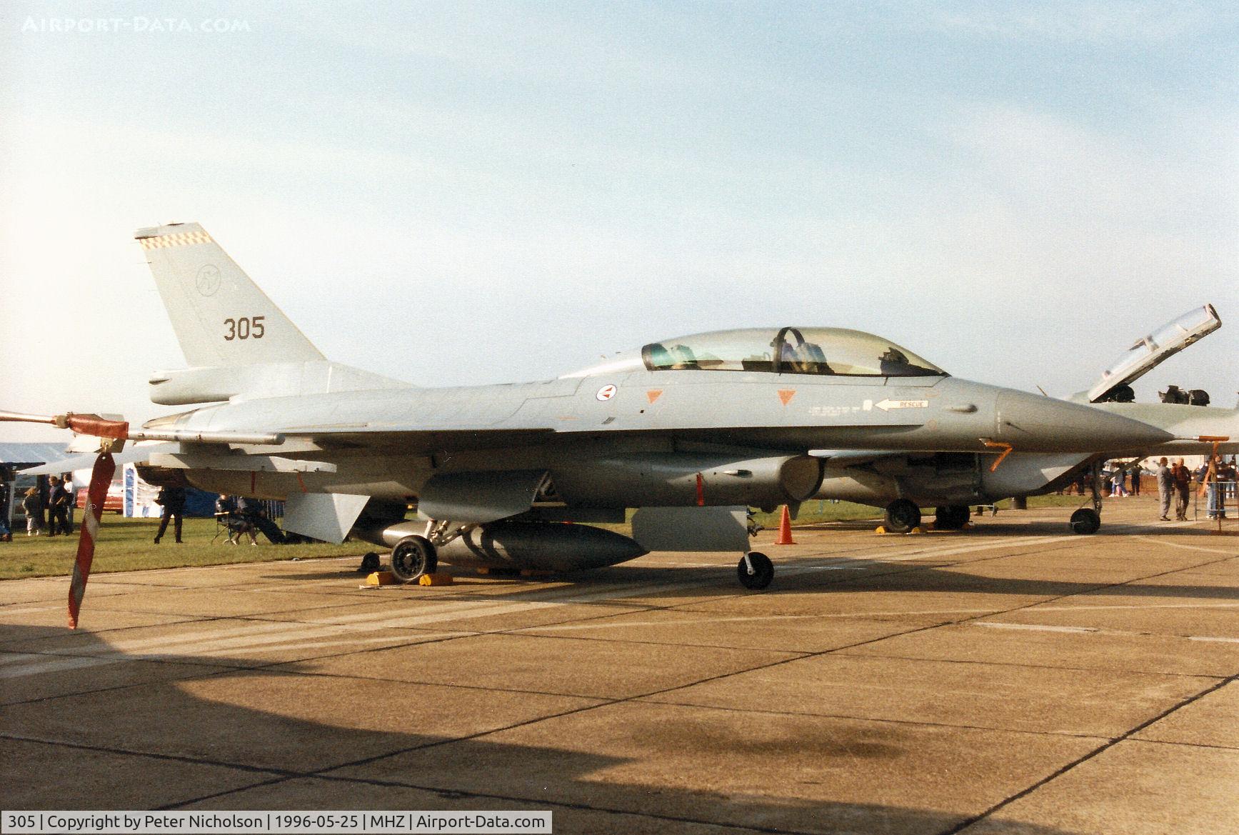 305, General Dynamics F-16BM Fighting Falcon C/N 6L-5, F-16 Falcon of 332 Skv Royal Norwegian Air Force before Mid-Life Update on display at the 1996 RAF Mildenhall Air Fete.