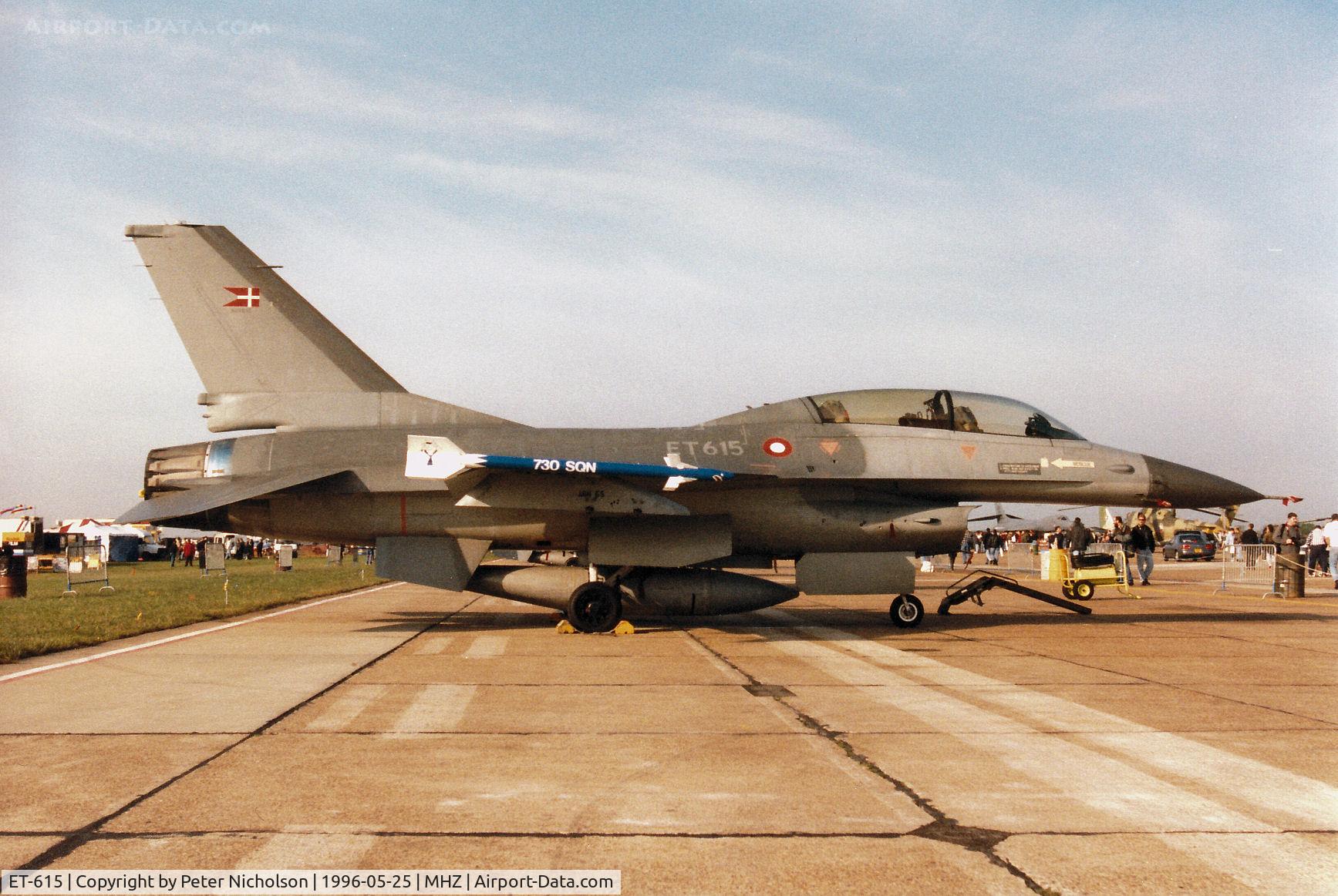 ET-615, General Dynamics F-16BM Fighting Falcon C/N 6G-12, F-16B of Eskradille 730 Royal Danish Air Force, but operated by 727 Eskradille and before Mid-Life Update, on display at the 1996 RAF Mildenhall Air Fete.