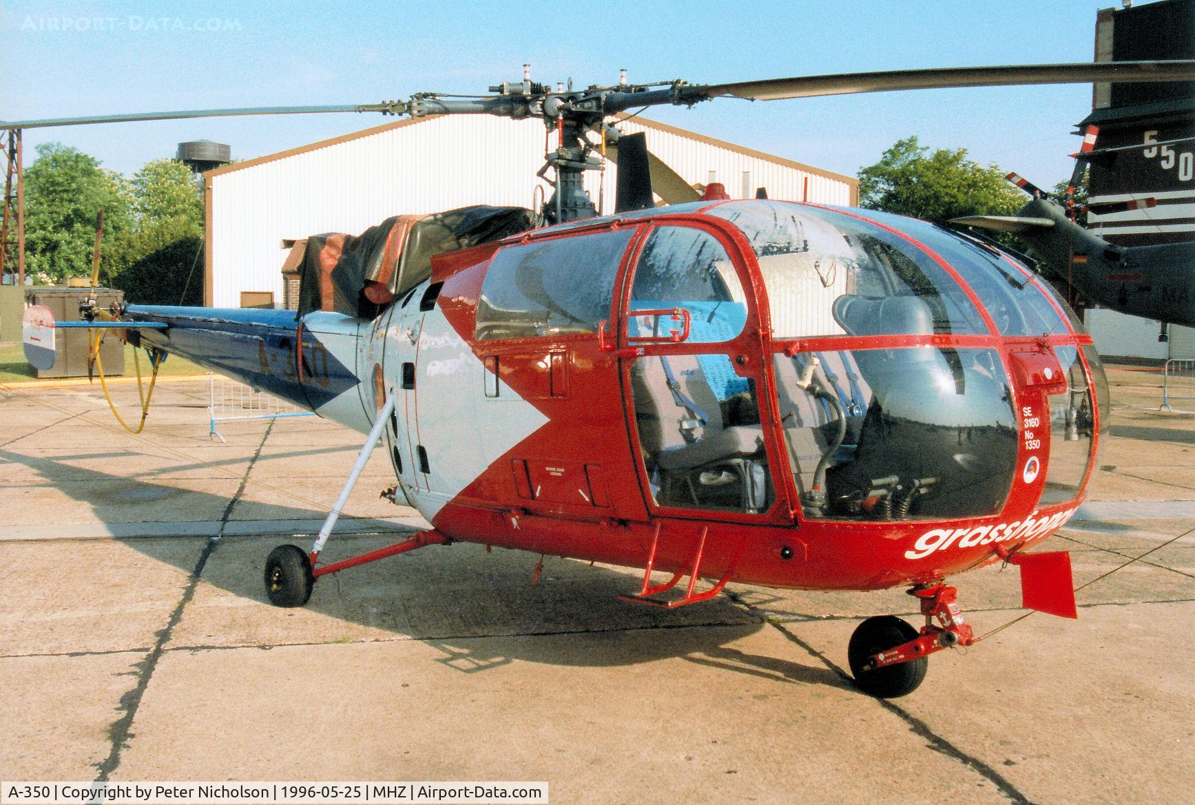 A-350, Sud SE-3160 Alouette III C/N 1350, Alouette III of 302 Squadron's Grasshopper aerial display team of the Royal Netherlands Air Force on display at the 1996 RAF Mildenhall Air Fete.