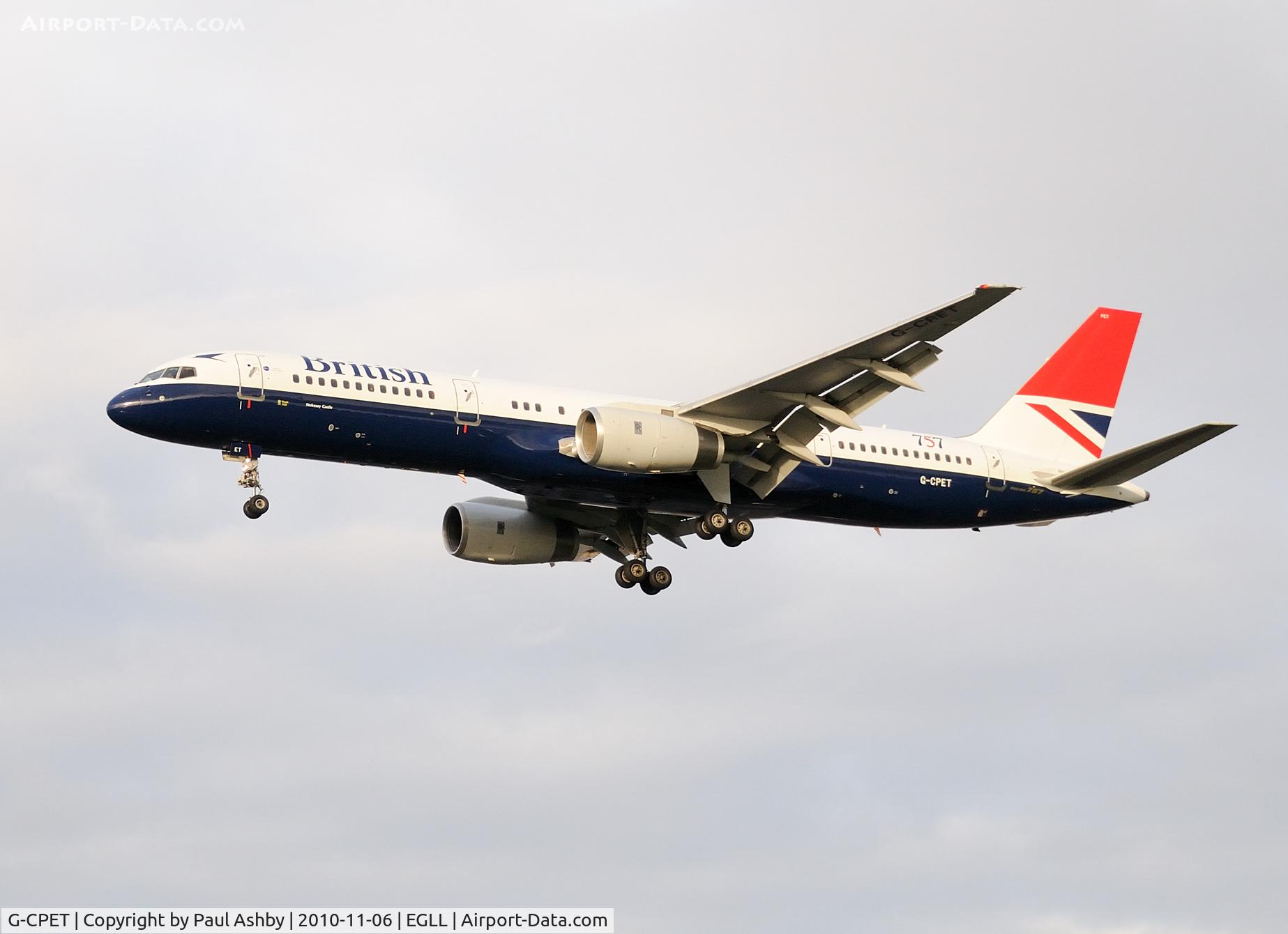 G-CPET, 1998 Boeing 757-236 C/N 29115, G-CPET landing at London Heathrow for its final time as part of the BA fleet. Retro livery.