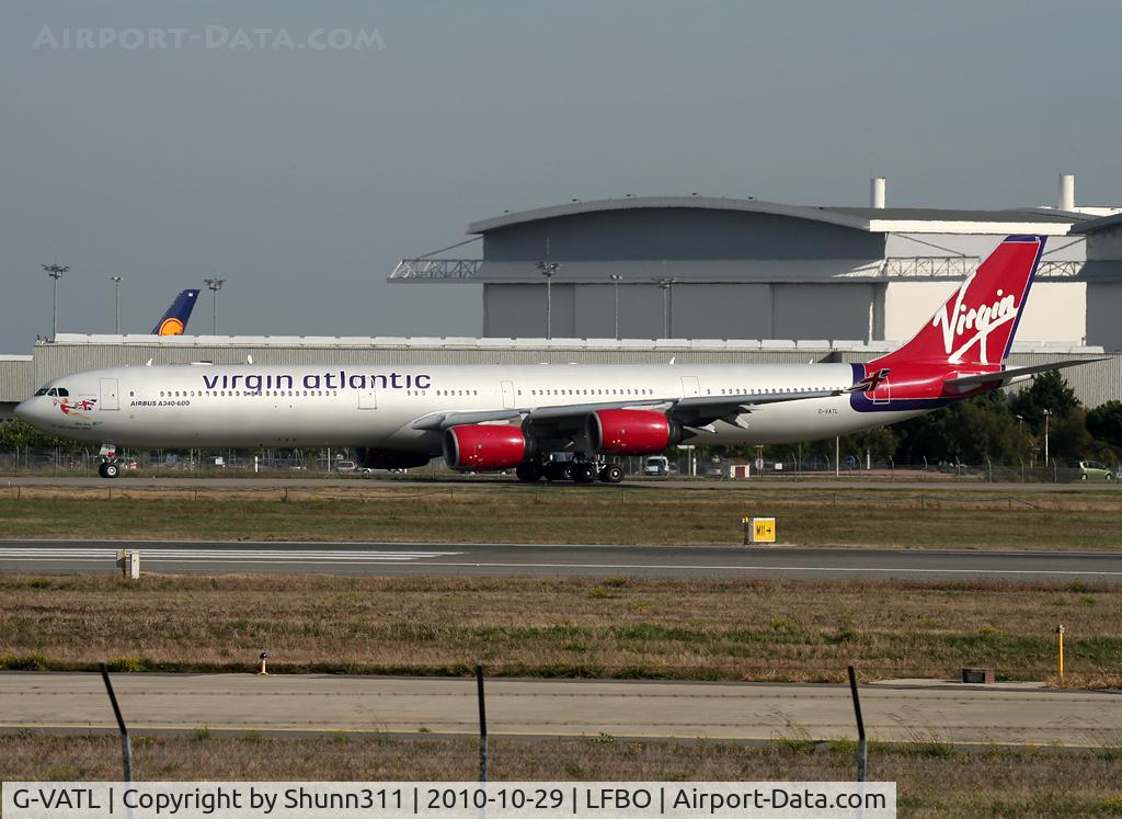 G-VATL, 2001 Airbus A340-642 C/N 376, Taxiing holding point rwy 14R for departure after long term storage at LFBT...