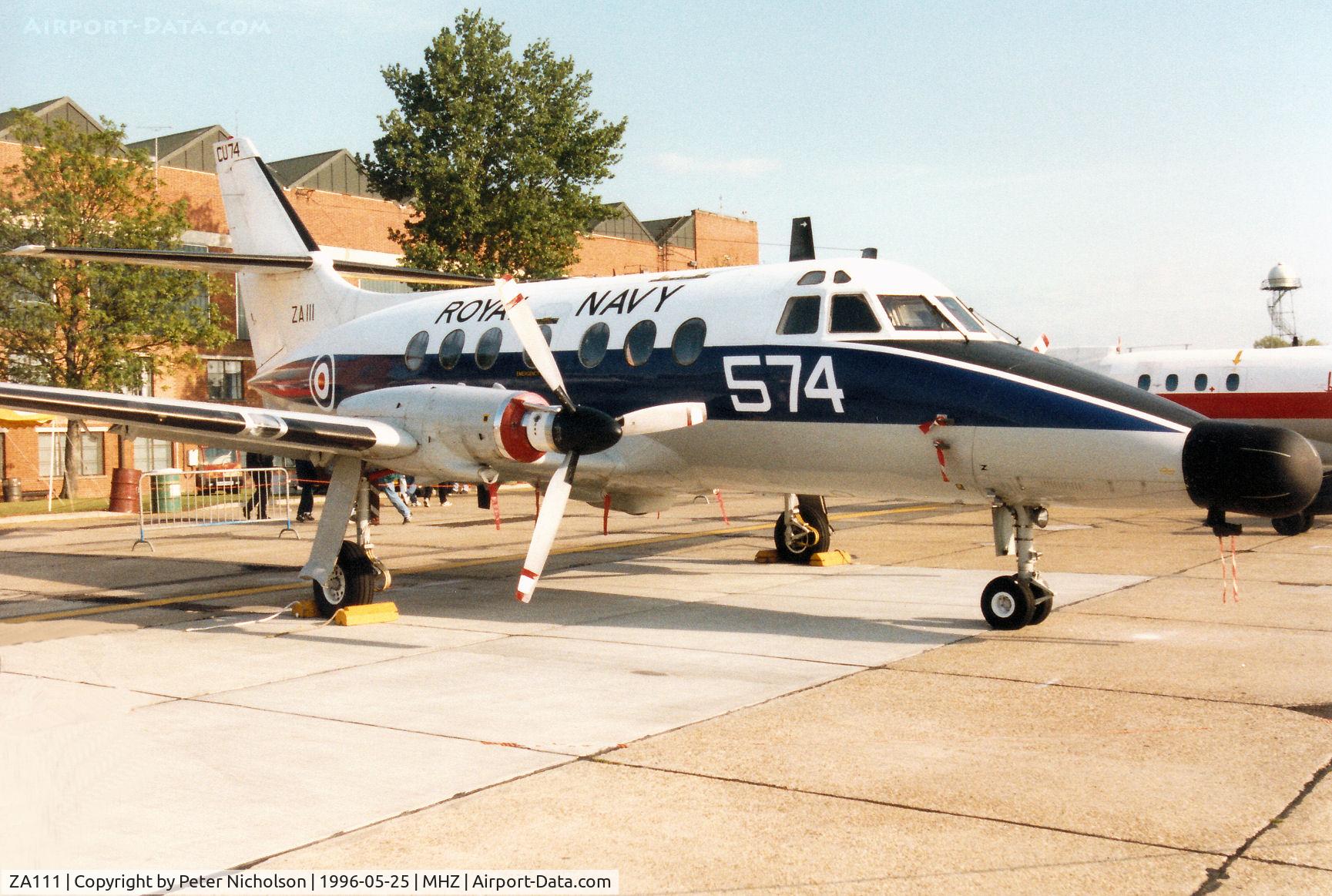 ZA111, Scottish Aviation HP-137 Jetstream T.2 C/N 211, Jetstream T.2 of 750 Squadron at RNAS Culdrose on display at the 1996 RAF Mildenhall Air Fete.