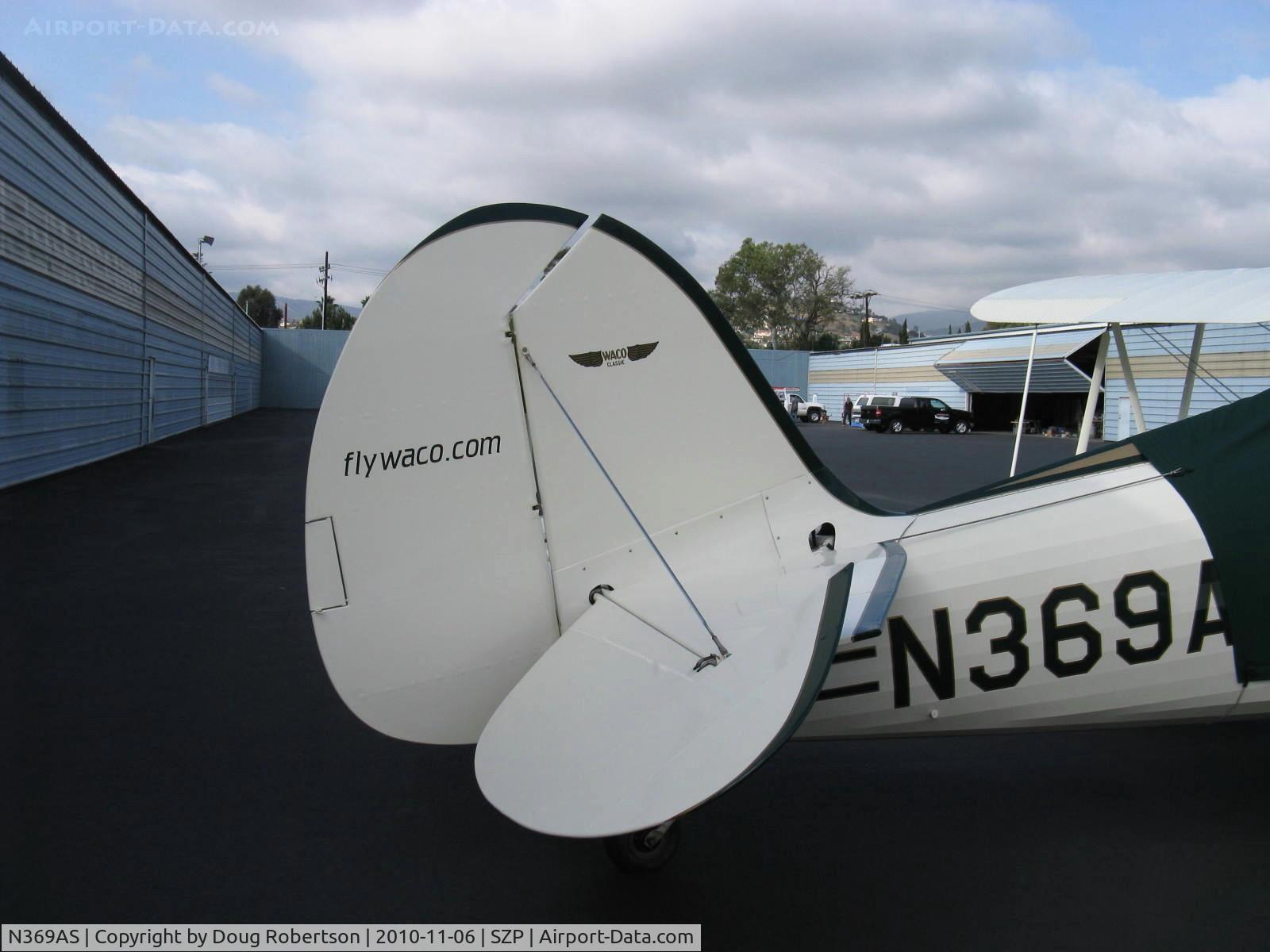 N369AS, 1992 Classic Aircraft Corp WACO YMF C/N F5C-046, 1992 Classic Aircraft Corp. WACO YMF-5C upgraded to -5D SUPER, Jacobs R755 A2 300 Hp, tail with website