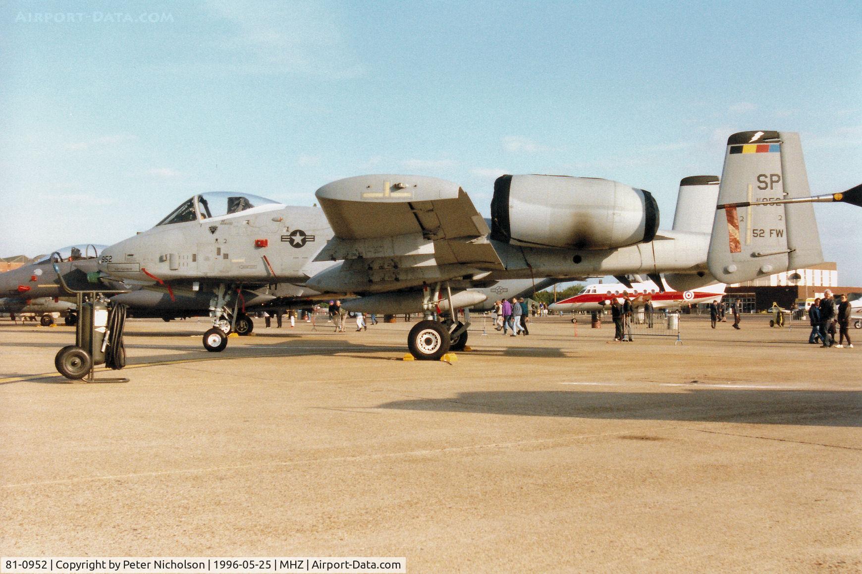 81-0952, 1981 Fairchild Republic A-10A Thunderbolt II C/N A10-0647, Wing Commander's A-10A Thunderbolt of 52nd Fighter Wing on display at the 1996 RAF Mildenhall Air Fete.