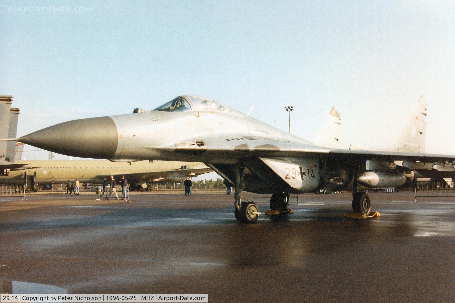 29 14, Mikoyan-Gurevich MiG-29A C/N 2960525800, MiG-29A Fulcrum of JG-73 German Air Force on display at the 1996 RAF Mildenhall Air Fete.