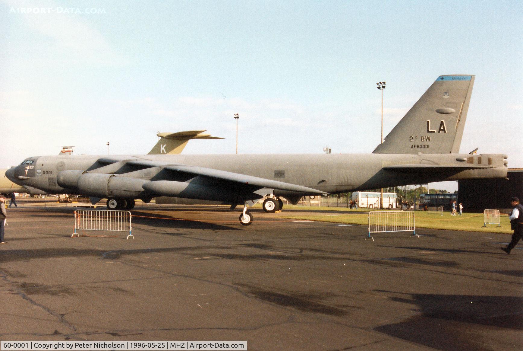 60-0001, 1960 Boeing B-52H Stratofortress C/N 464366, B-52H Stratofortress of 20th Bomb Squadron/2nd Bombardment Wing on display at the 1996 RAF Mildenhall Air Fete.