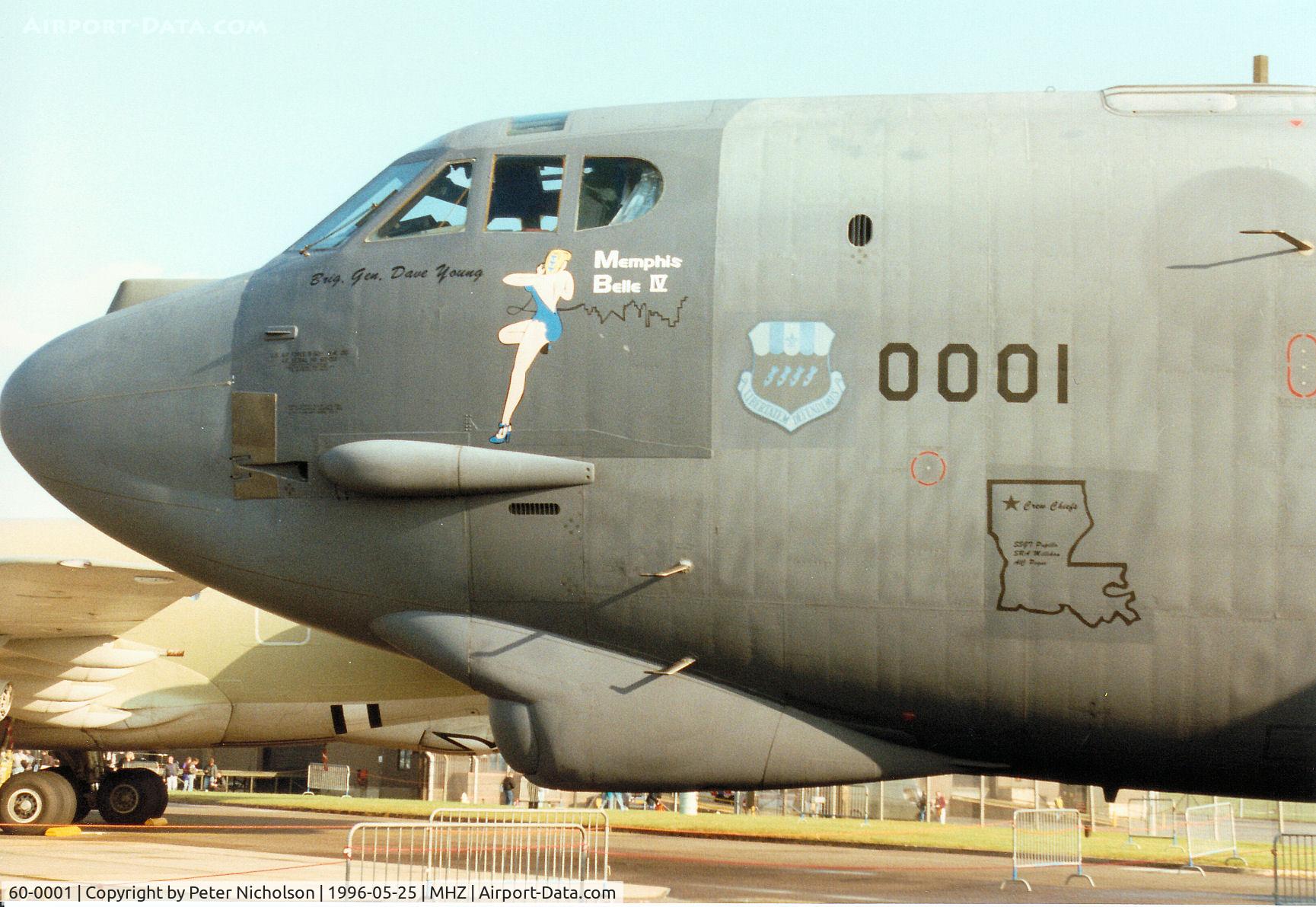 60-0001, 1960 Boeing B-52H Stratofortress C/N 464366, Memphis Belle IV markings on this B-52H Stratofortress of 2nd Bombardment Wing on display at the 1996 RAF Mildenhall Air Fete.