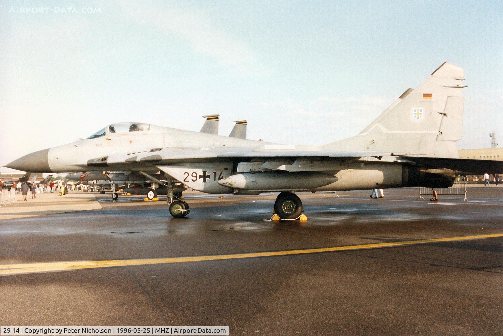 29 14, Mikoyan-Gurevich MiG-29A C/N 2960525800, Another view of the MiG-29A Fulcrum of JG-73 on display at the 1996 RAF Mildenhall Air Fete.