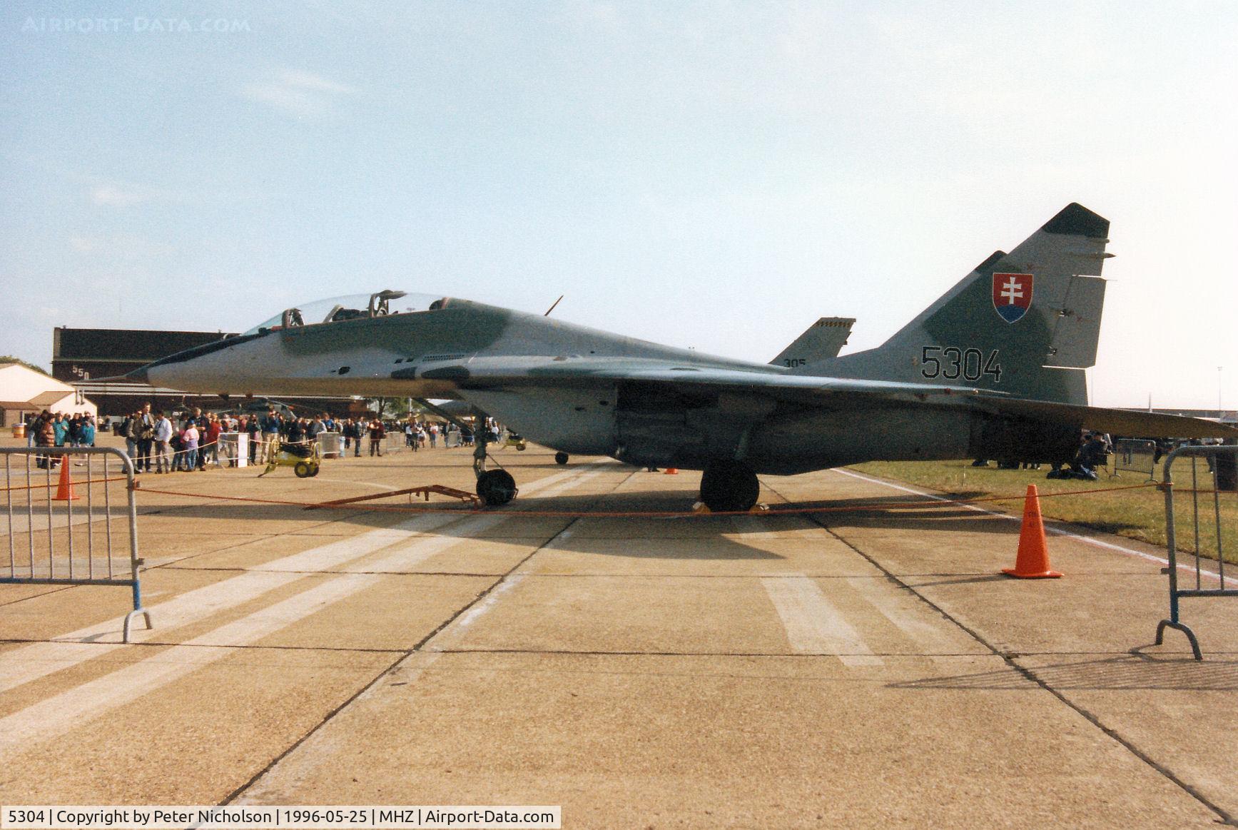 5304, Mikoyan-Gurevich MiG-29UB C/N N50903028253, Another view of the Slovak Air Force Fulcrum on display at the 1996 RAF Mildenhall Air Fete.