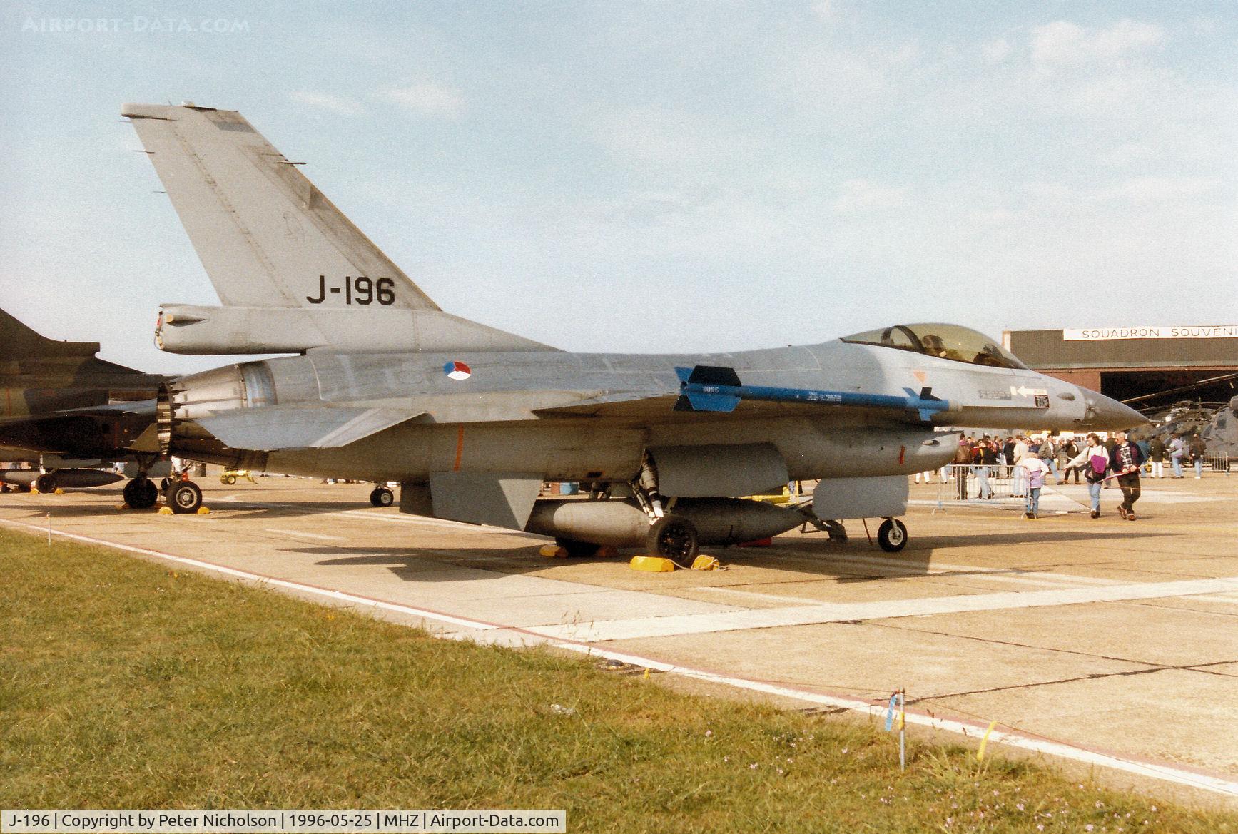 J-196, Fokker F-16AM Fighting Falcon C/N 6D-103, F-16A Falcon of 322 Squadron Royal Netherlands Air Force at Leeuwarden on display at the 1996 RAF Mildenhall Air Fete.