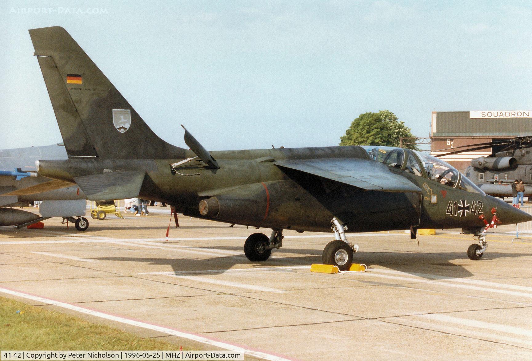 41 42, Dassault-Dornier Alpha Jet A C/N 0142, Alpha Jet of the German Air Force's FLGP unit on display at the 1996 RAF Mildenhall Air Fete.