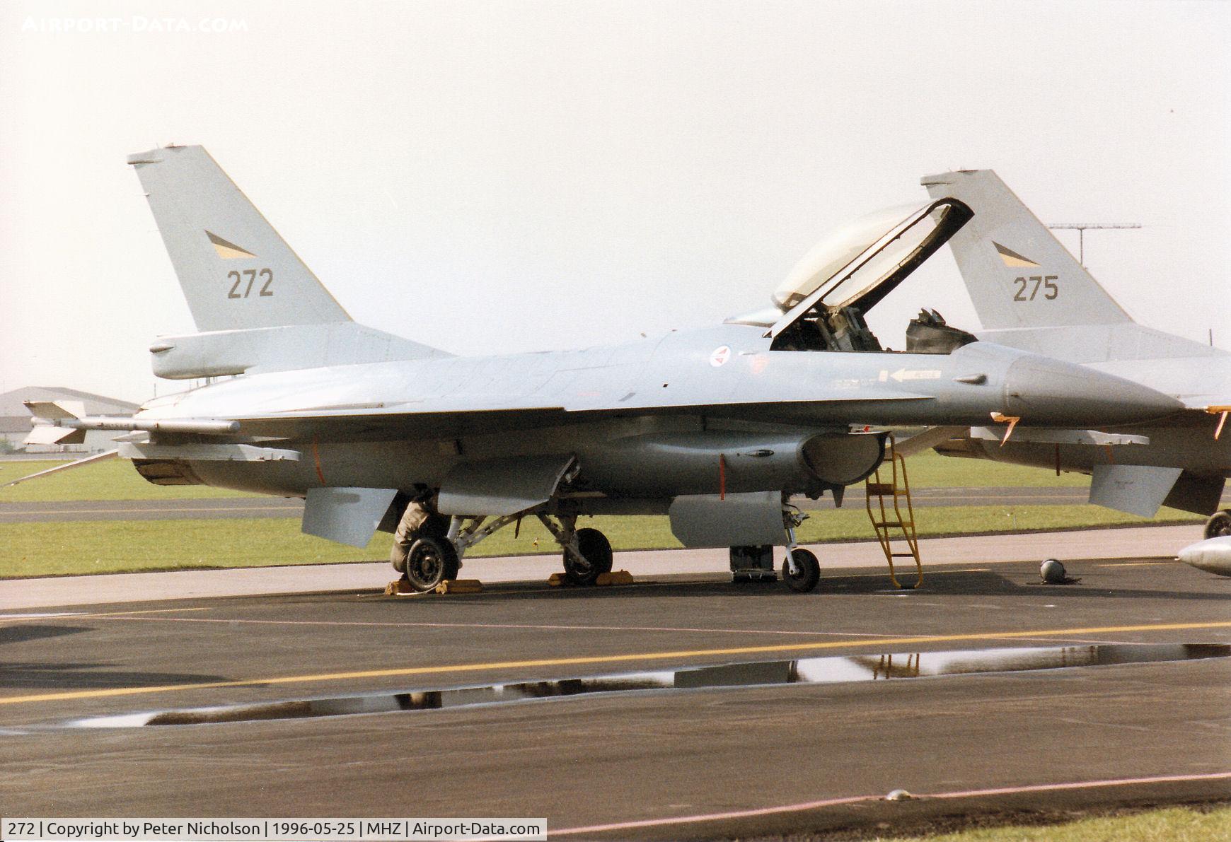 272, 1980 Fokker F-16A Fighting Falcon C/N 6K-1, F-16A Falcon of 332 Skv Royal Norwegian Air Force on the flight-line at the 1996 RAF Mildenhall Air Fete.