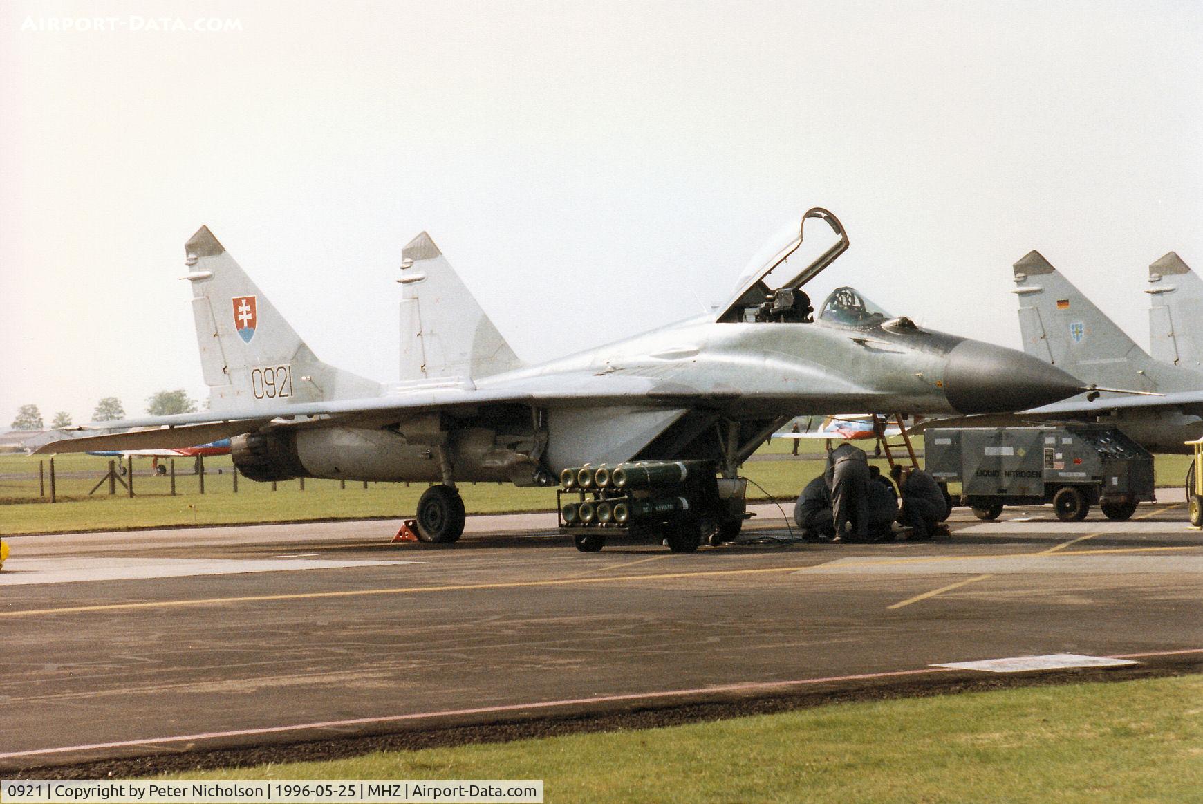 0921, Mikoyan-Gurevich MiG-29AS C/N 2960535409, MiG-29A Fulcrum of 31SLK Slovak Air Force on the flight-line at the 1996 RAF Mildenhall Air Fete.