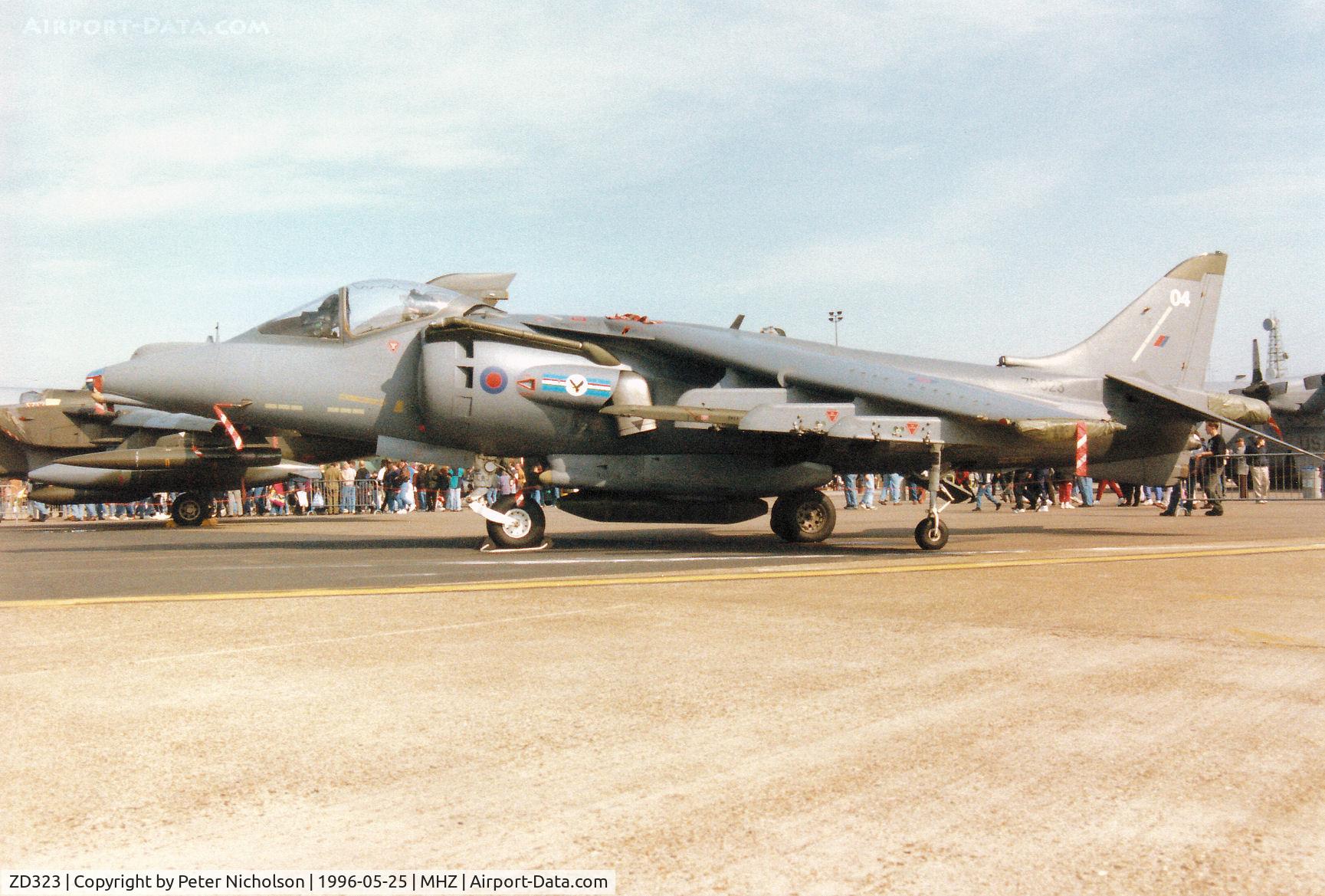 ZD323, 1987 British Aerospace Harrier GR.7 C/N 512073/P4, Harrier GR.7 of 20[Reserve] Squadron at RAF Wittering on display at the 1996 RAF Mildenhall Air Fete.