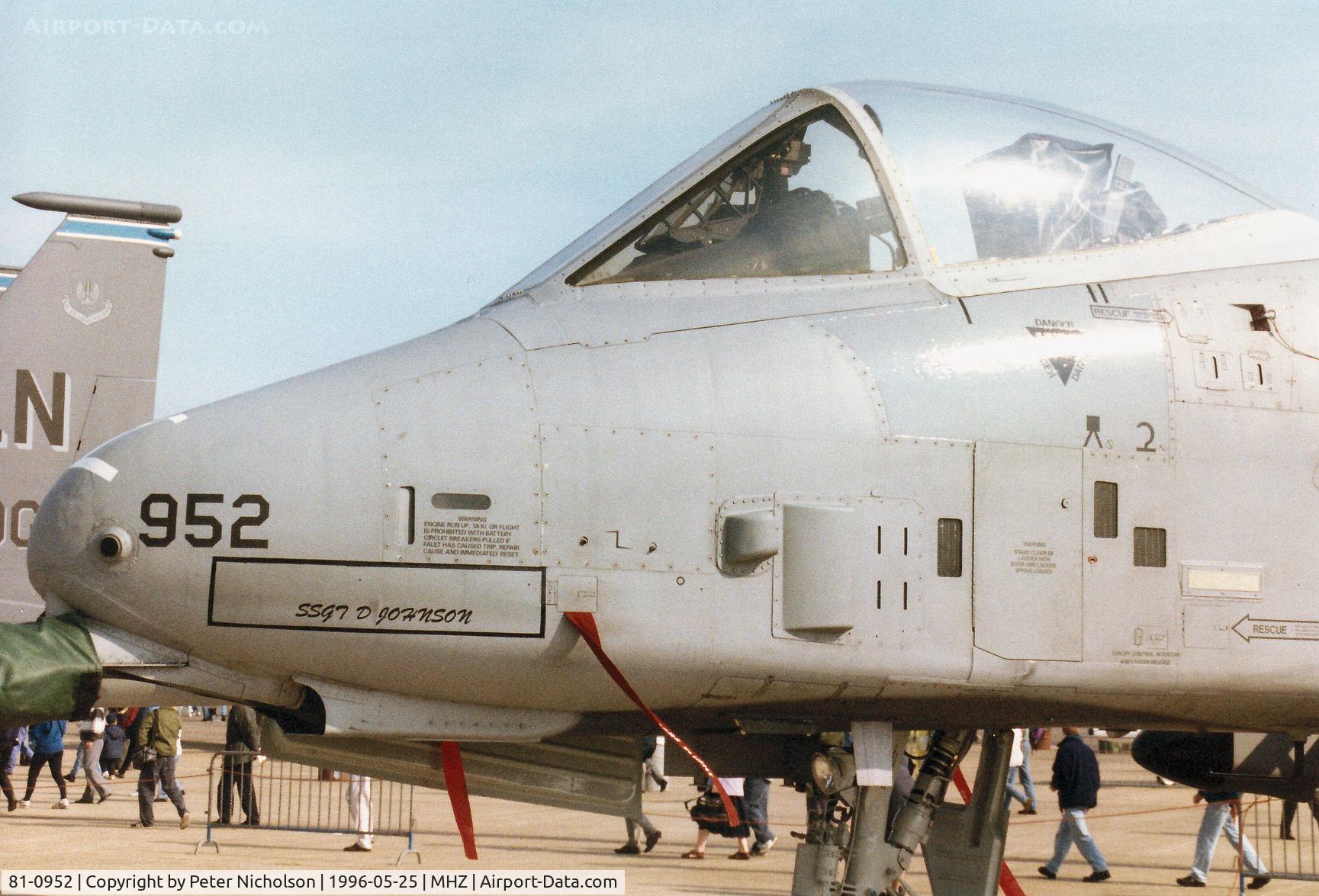 81-0952, 1981 Fairchild Republic A-10A Thunderbolt II C/N A10-0647, A-10A Thunderbolt of Spangdahlem's 81st Fighter Squadron/52nd Fighter Wing on display at the 1996 RAF Mildenhall Air Fete.