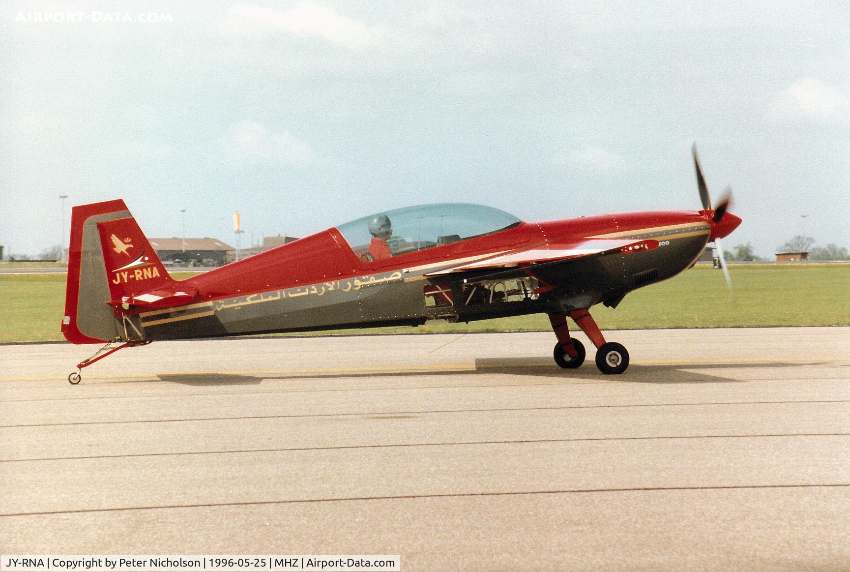 JY-RNA, Extra EA-300L C/N 036, Extra 300 of the Jordanian Falcons - the Royal Jordanian Air Force display team - taxying to the active runway at the 1996 RAF Mildenhall Air Fete.
