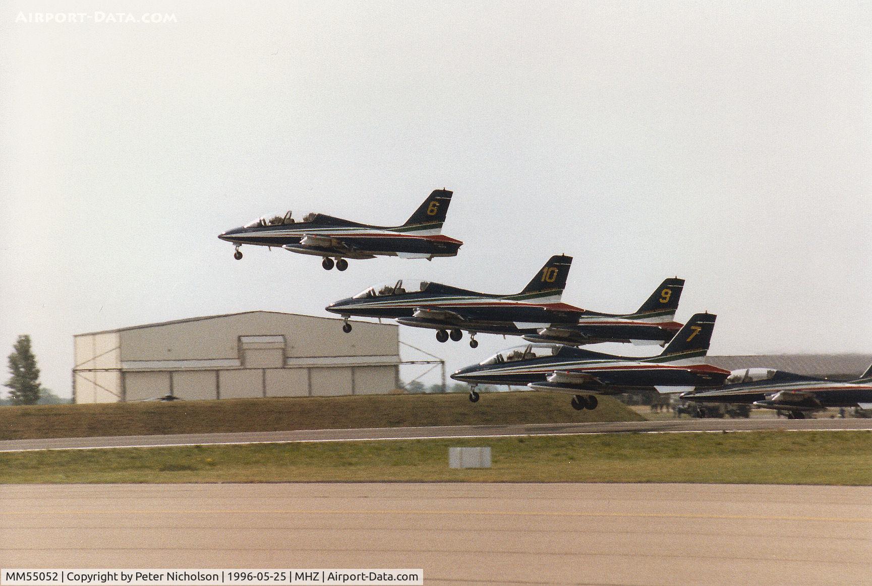 MM55052, Aermacchi MB-339PAN C/N 6846/186/AA083, Aircraft number 6 of the Italian Air Force's Frecce Tricolori aerobatic display team leading the team's take-off at the 1996 RAF Mildenhall Air Fete