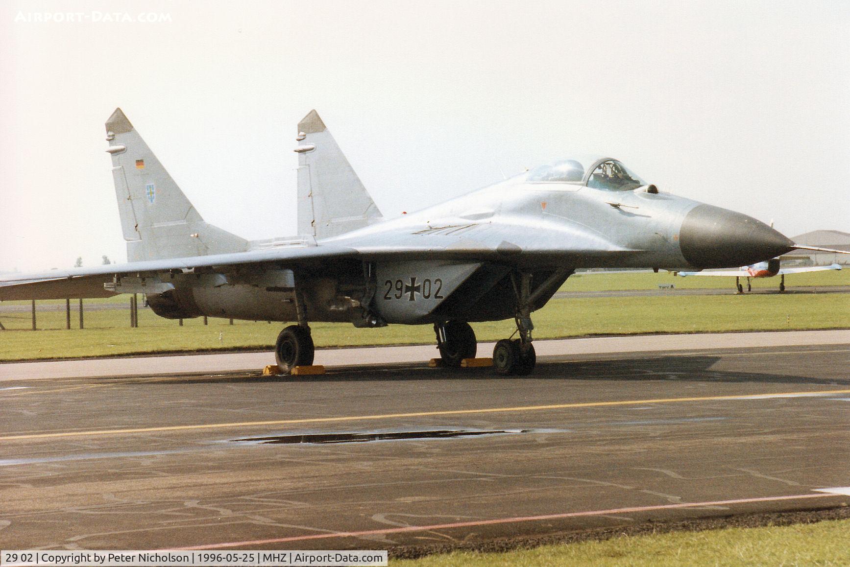 29 02, Mikoyan-Gurevich MiG-29 C/N 2960525108, MiG-29 Fulcrum of JG-73 German Air Force on display at the 1996 RAF Mildenhall Air Fete.