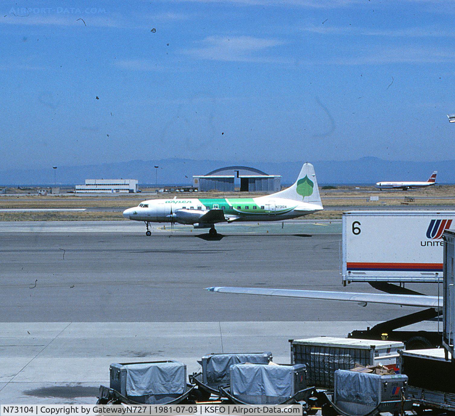 N73104, 1952 Convair 340-31 C/N 4, Delivered to United Air Lines, 1952, thence to Tex Johnston, Inc; Aero Spacelines (cnvrtd to 580 12.1968); Aspen; Renown Aviation; Air Tahoma; R & R.