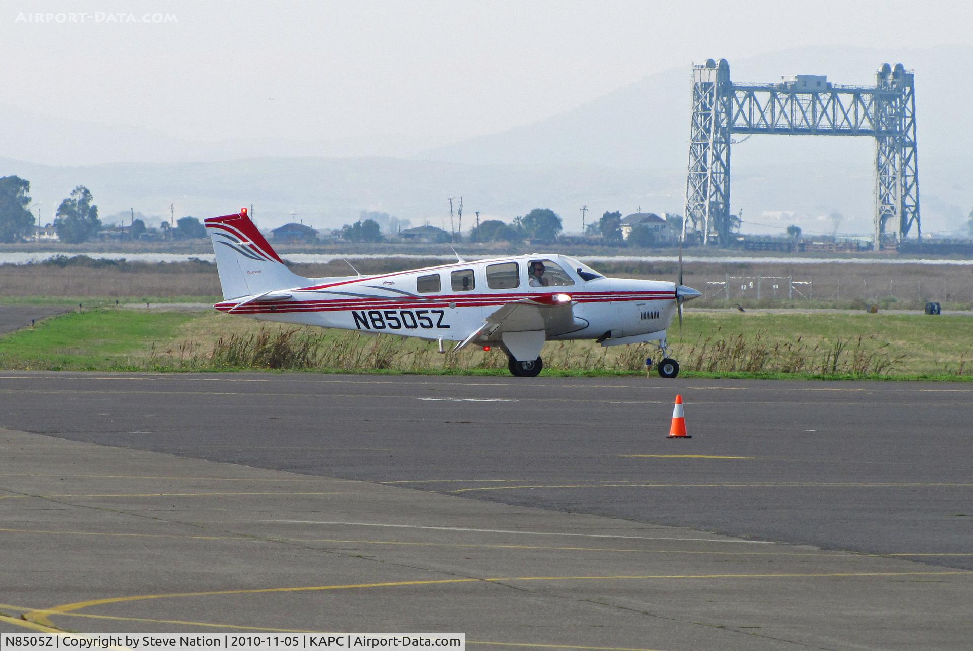 N8505Z, Raytheon Aircraft Company A36 Bonanza C/N E3634, ex-Japan Air Lines A36 Bonanza after maintenance flight - Napa River RR Bridge in background (JAL closed training program with IASCO in October 2010 after nearly 40 years)