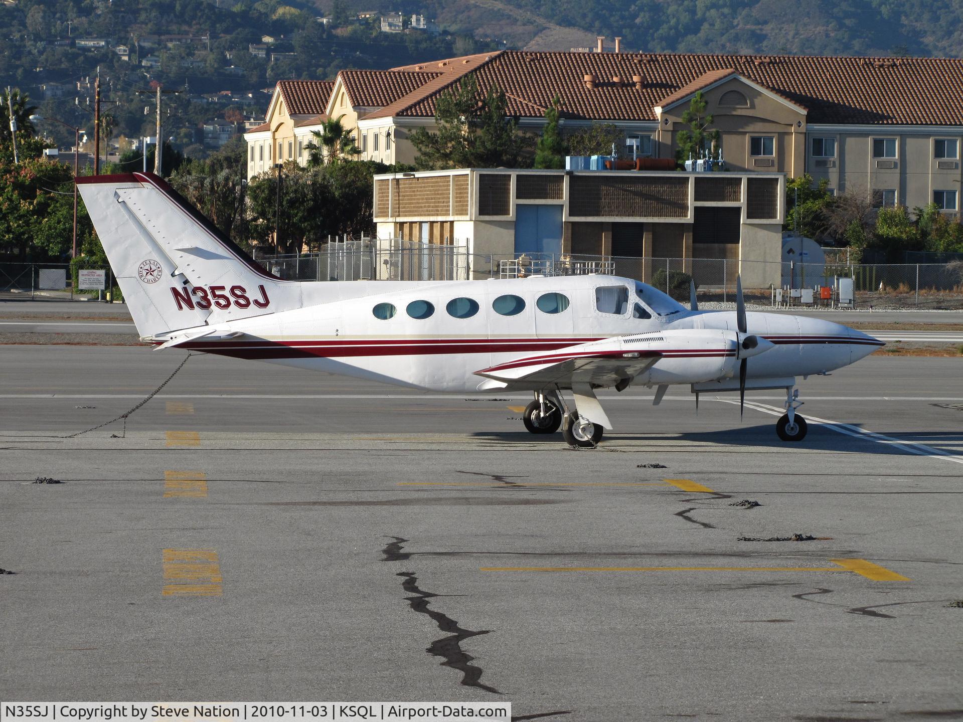 N35SJ, 1977 Cessna 421C Golden Eagle C/N 421C0253, Texas Air Charters (Tomball, TX) logo on 1977 Cessna 421C visiting KSQL/San Carlos, CA