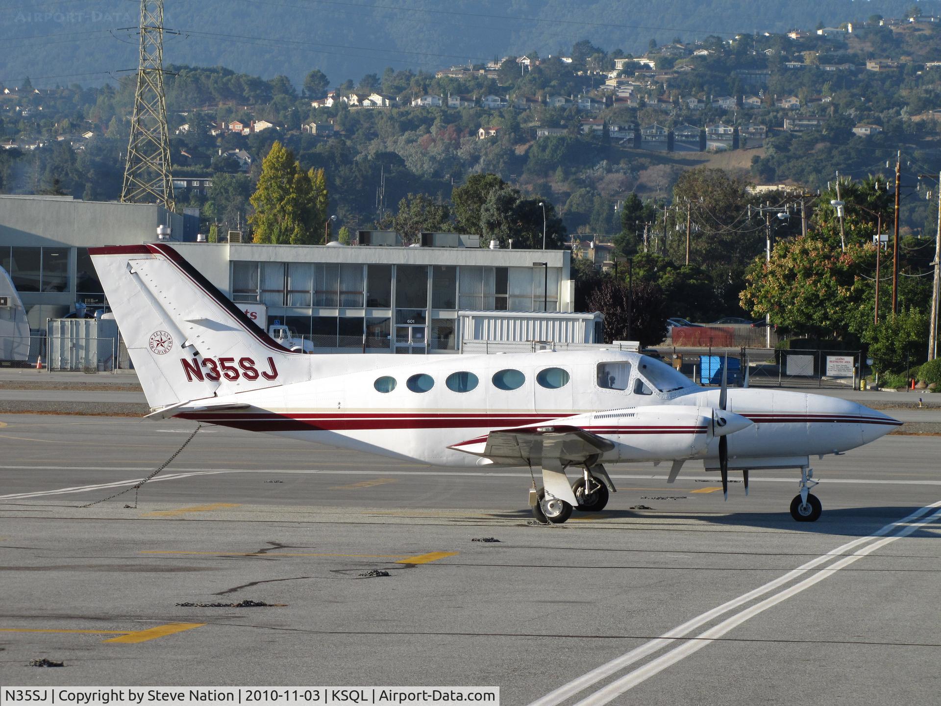 N35SJ, 1977 Cessna 421C Golden Eagle C/N 421C0253, Texas Air Charters (Tomball, TX) logo on 1977 Cessna 421C visiting KSQL/San Carlos, CA