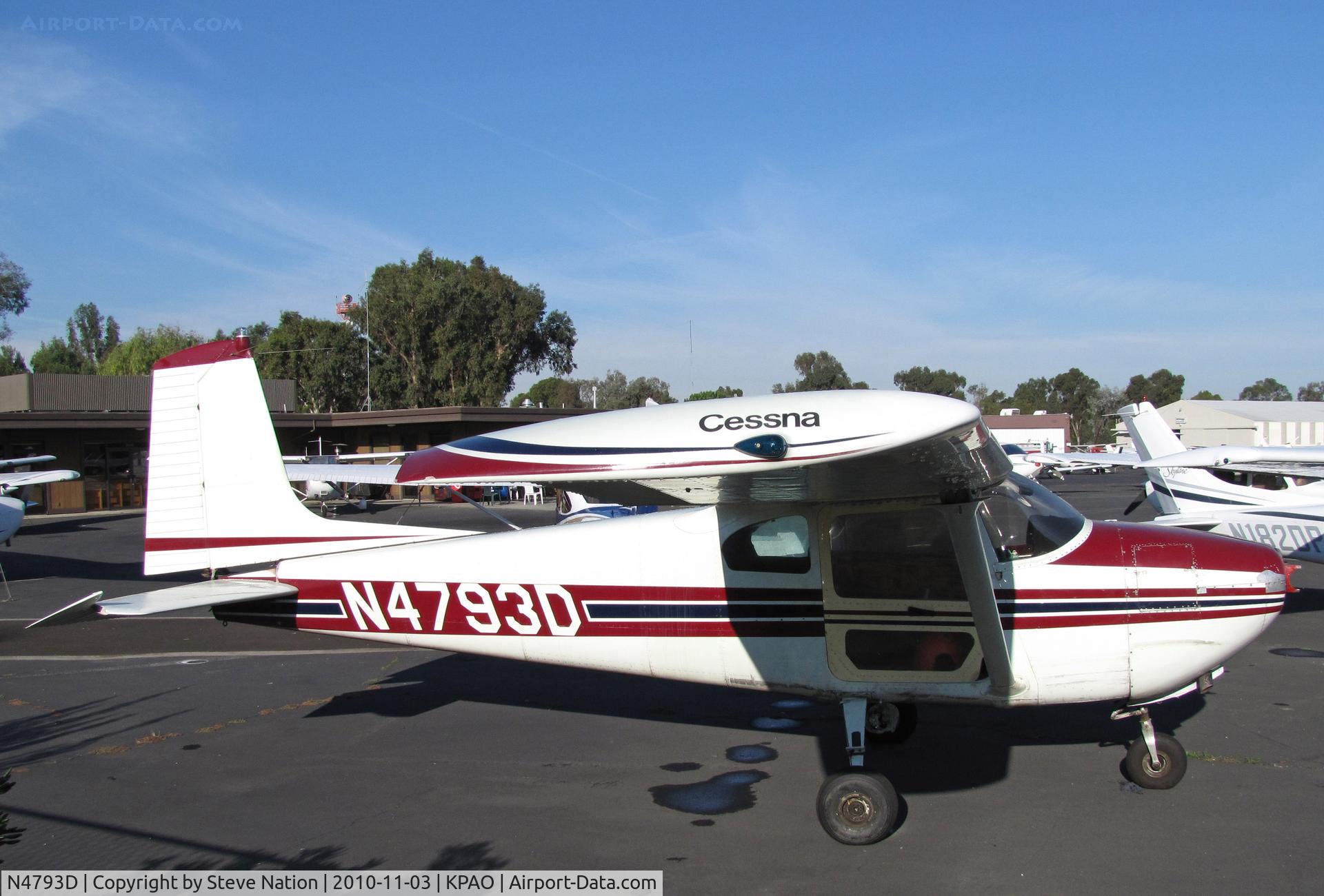 N4793D, 1958 Cessna 182A Skylane C/N 34893, Far from home: Utah-based Straight tail 1958 Cessna 182A in for maintenance (sans prop) @ KPAO/Palo Alto, CA