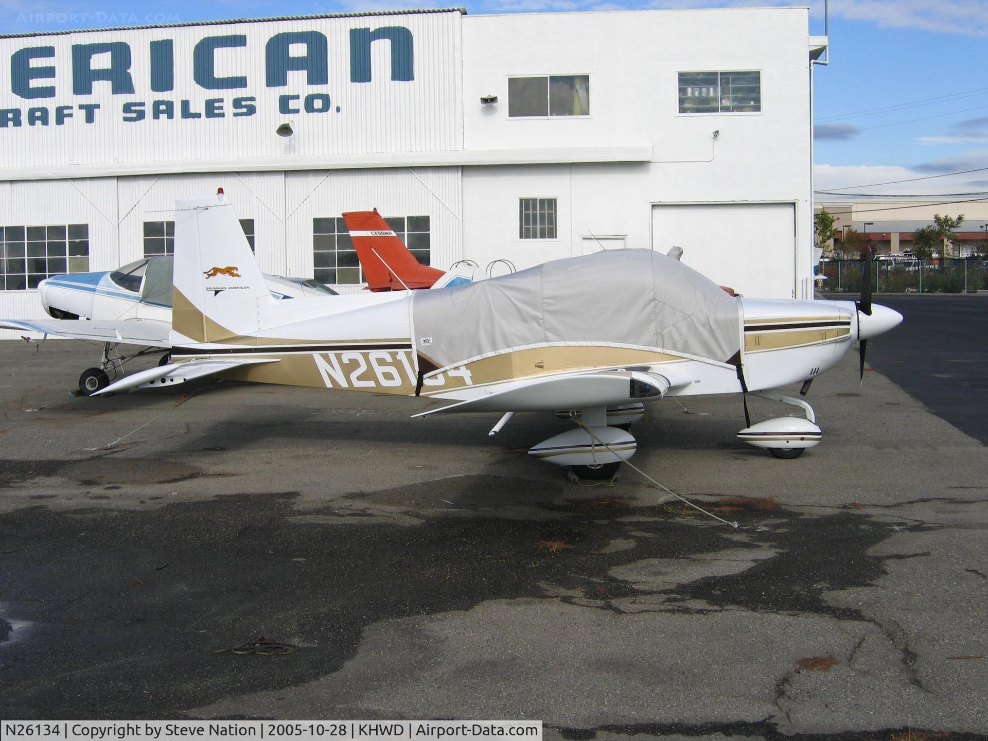 N26134, 1977 Grumman American AA-5A Cheetah C/N AA5A0450, 1977 Grumman American AA-5A akll bundled up (in old colors, too) @ KHWD/Hayward Air Terminal, CA in Oct 2005 (sold to new owner in Southern California Jun 2006)