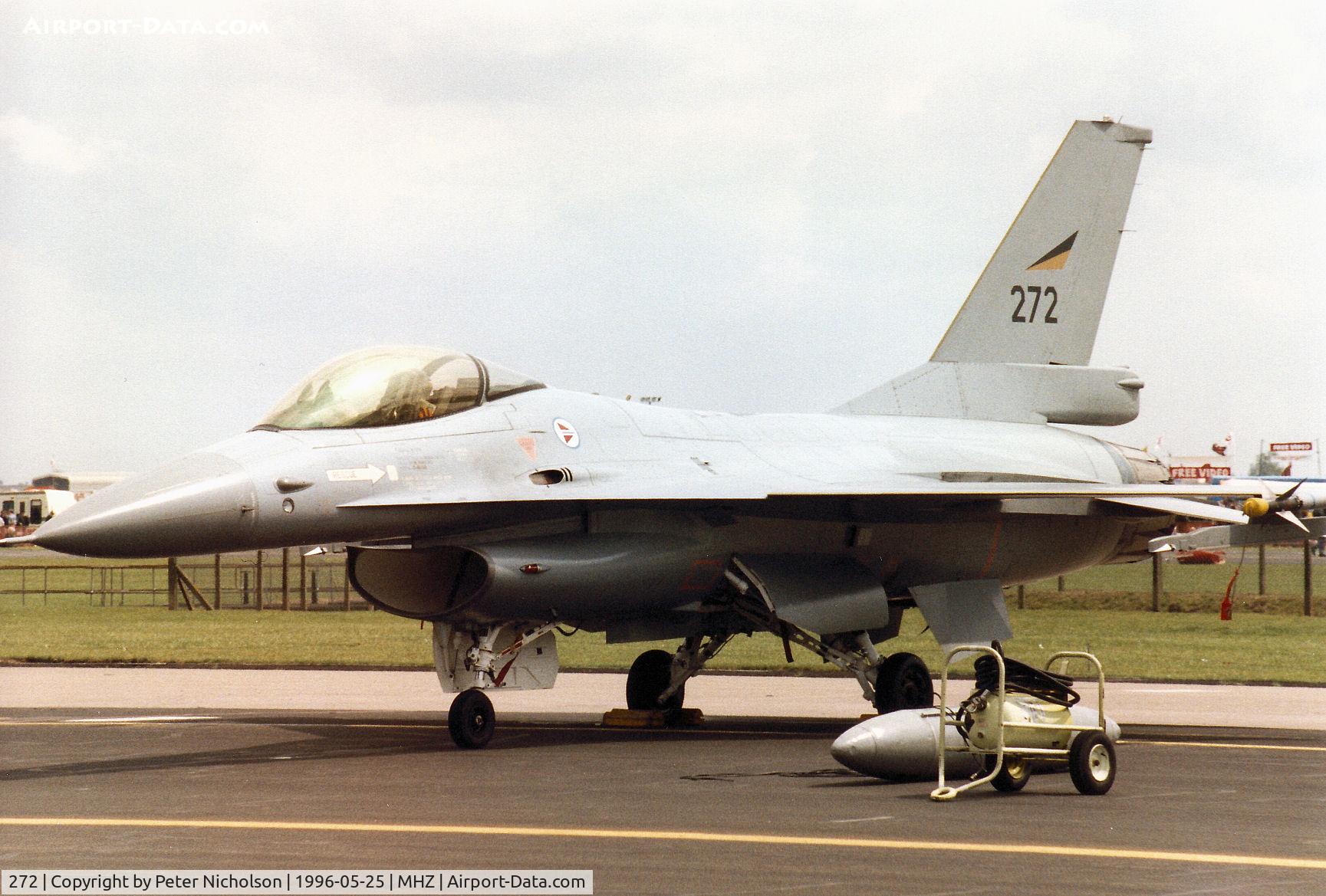 272, 1980 Fokker F-16A Fighting Falcon C/N 6K-1, F-16A Falcon of 332 Skv Royal Norwegian Air Force on the flight-line at the 1996 RAF Mildenhall Air Fete.