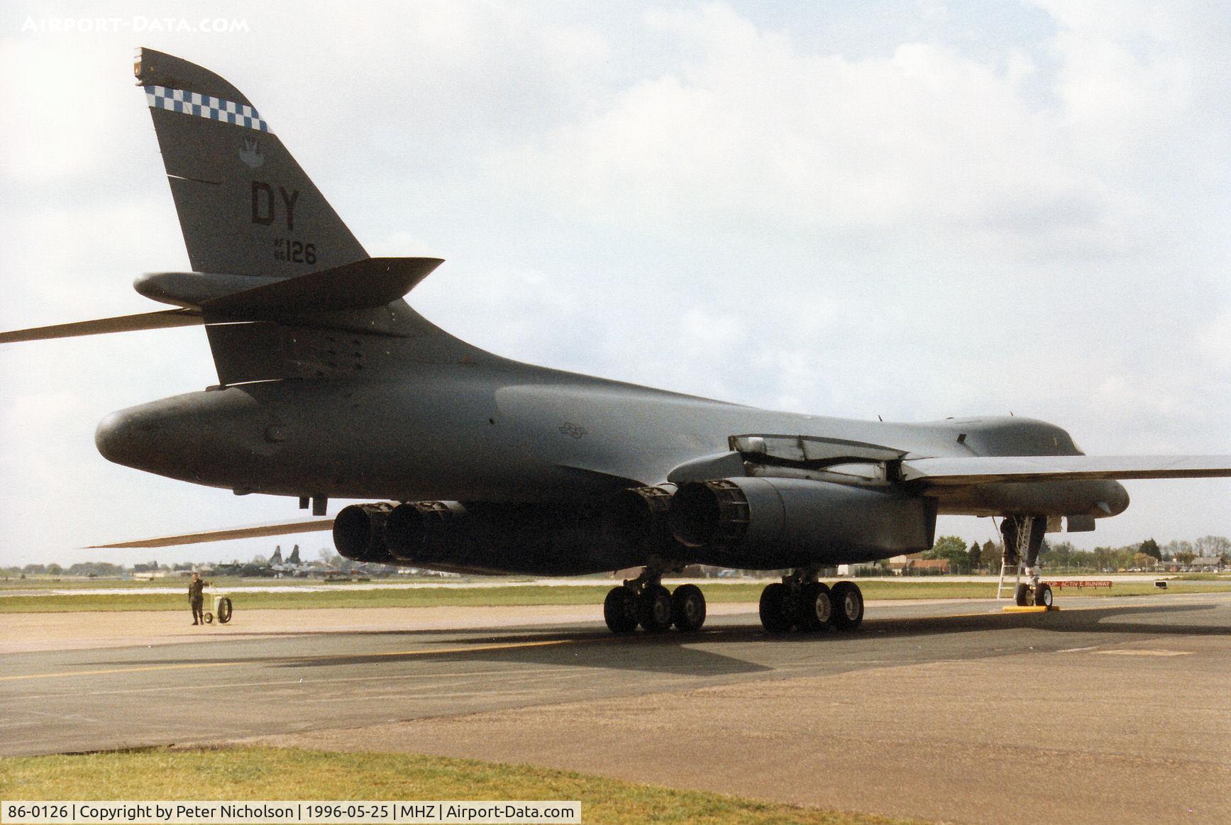 86-0126, 1986 Rockwell B-1B Lancer C/N 86, B-1B Lancer named Hungry Devil of 7th Bombardment Wing's 28th Bomb Squadron on the flight-line at the 1996 RAF Mildenhall Air Fete.