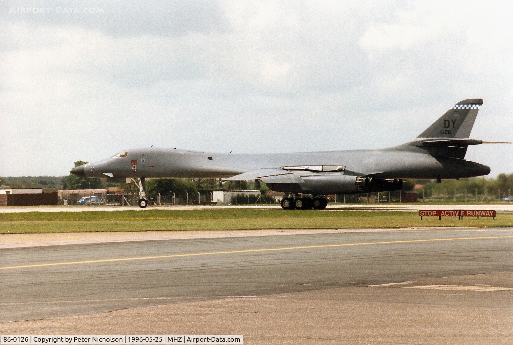 86-0126, 1986 Rockwell B-1B Lancer C/N 86, B-1B Lancer named Hungry Devil of 28th Bomb Squadron/7th Bombardment Wing joining the active runway at the 1996 RAF Mildenhall Air Fete.