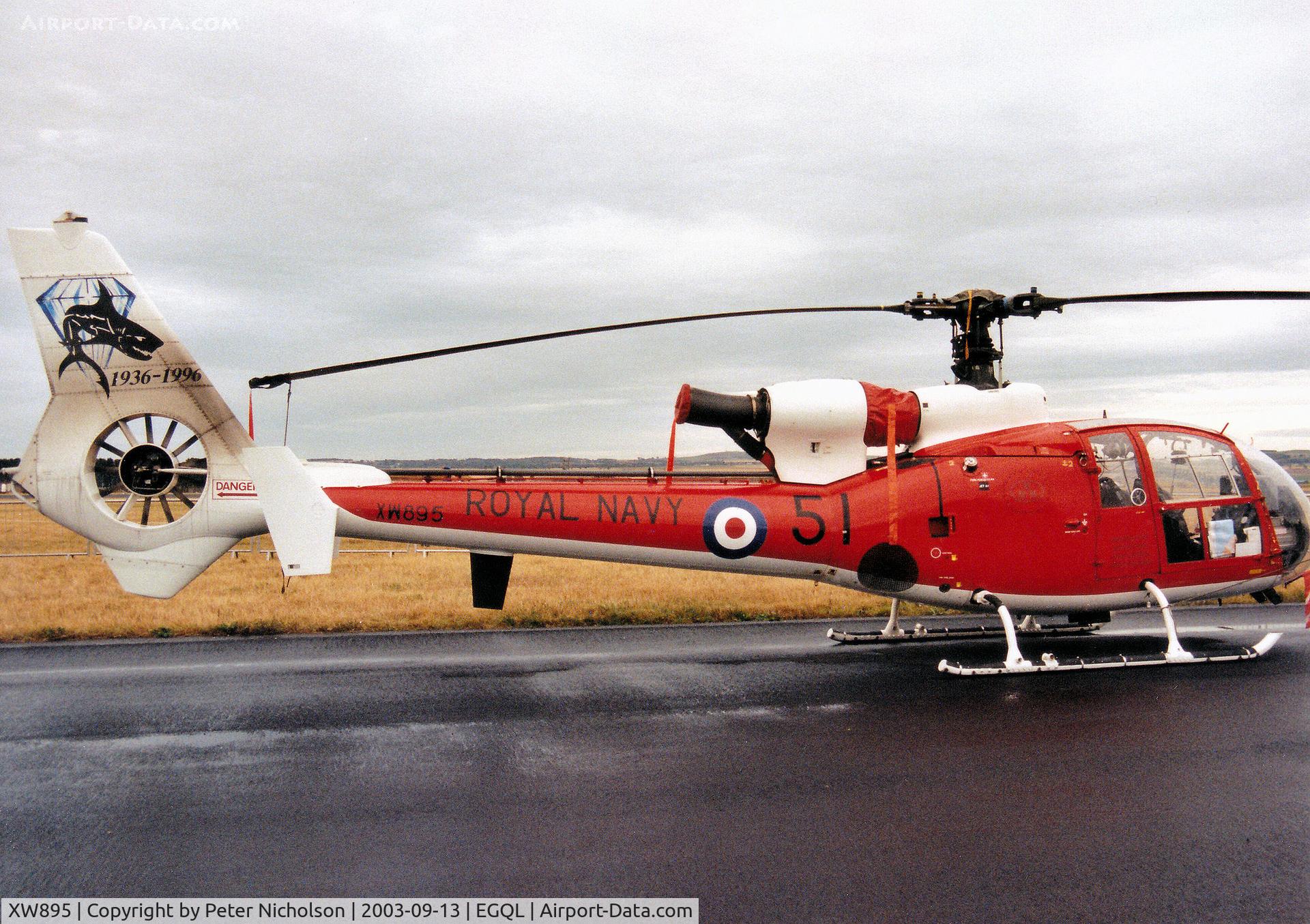 XW895, 1974 Westland SA-341C Gazelle HT2 C/N WA1174, Gazelle HT.2 previously with 705 Squadron at RNAS Culdrose and now civilian registered as G-BXZD on display at the 2003 RAF Leuchars Airshow.