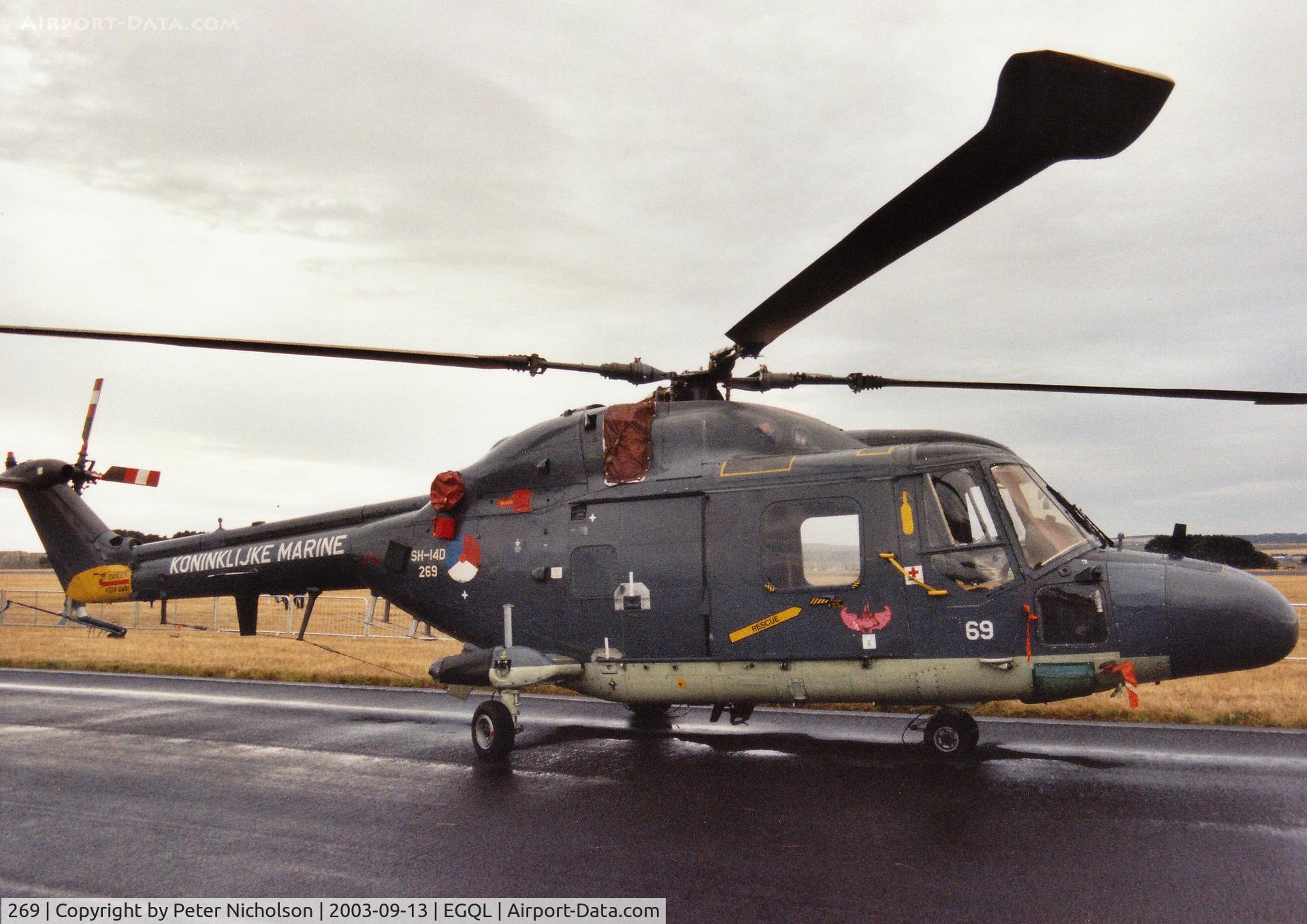 269, Westland SH-14D Lynx C/N 108, SH-14D Lynx, callsign Netherlands Navy 728, of the Royal Netherlands Navy's Marheli group on display at the 2003 RAF Leuchars Airshow.