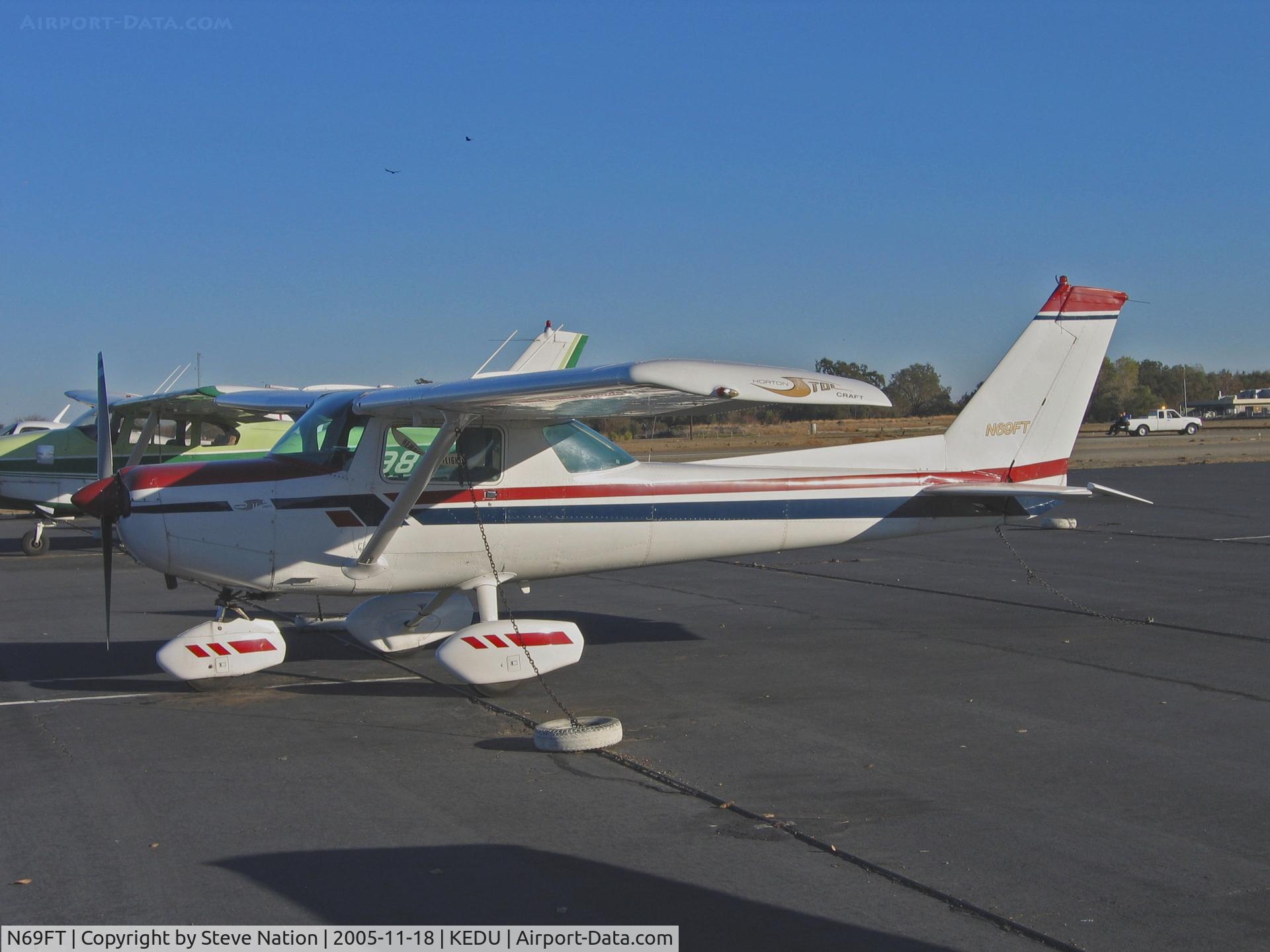 N69FT, 1978 Cessna 152 C/N 15282503, 1978 Cessna 152 in old colors with Horton STOL Craft titles on wingtip @ University Airport, Davis, CA (cancelled 2010-01-20 as sold to Brazil)