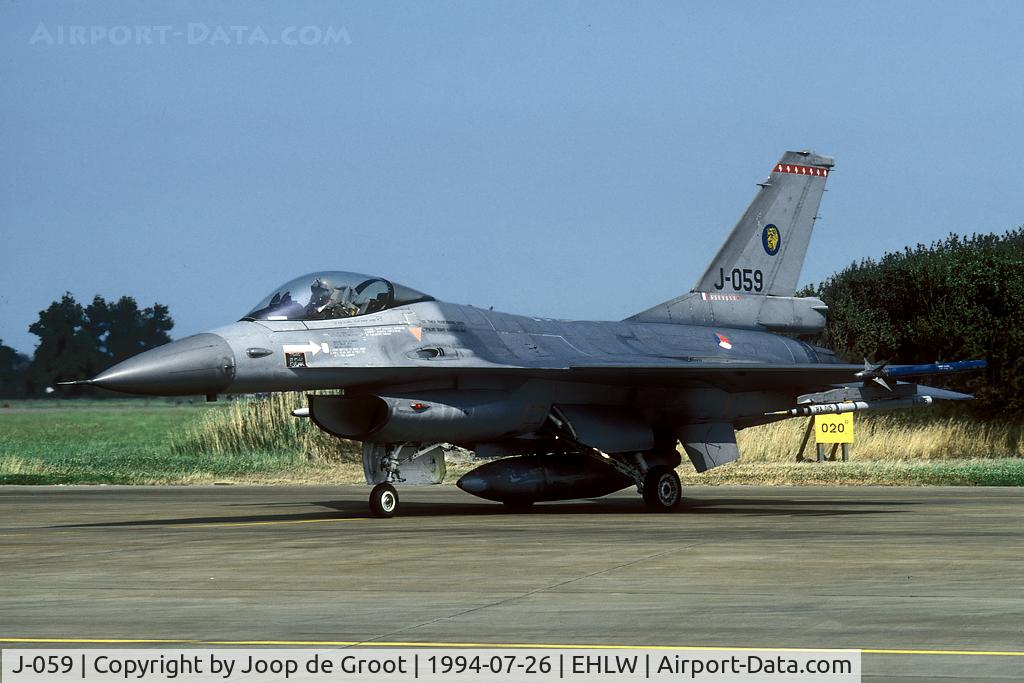 J-059, 1986 Fokker F-16A Fighting Falcon C/N 6D-142, In the early nineties the KLu was involved in operation Deny Flight over Bosnia. Hence the mission markings on the fin. Aircraft was w/o December 1999.