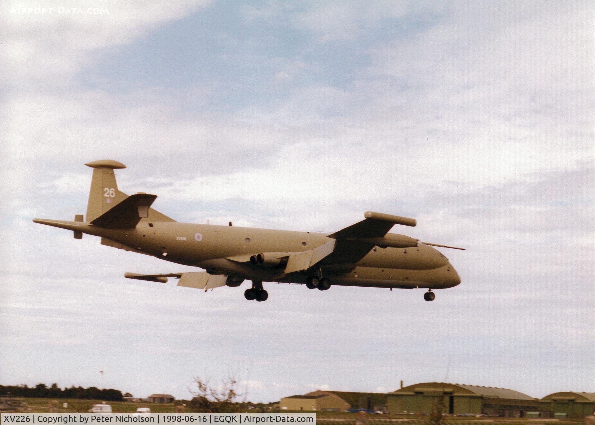 XV226, 1968 Hawker Siddeley Nimrod MR.2 C/N 8001, Nimrod MR.2 of the Kinloss Maritime Reconnaissance Wing landing on Runway 08 at RAF Kinloss in the Summer of 1998.