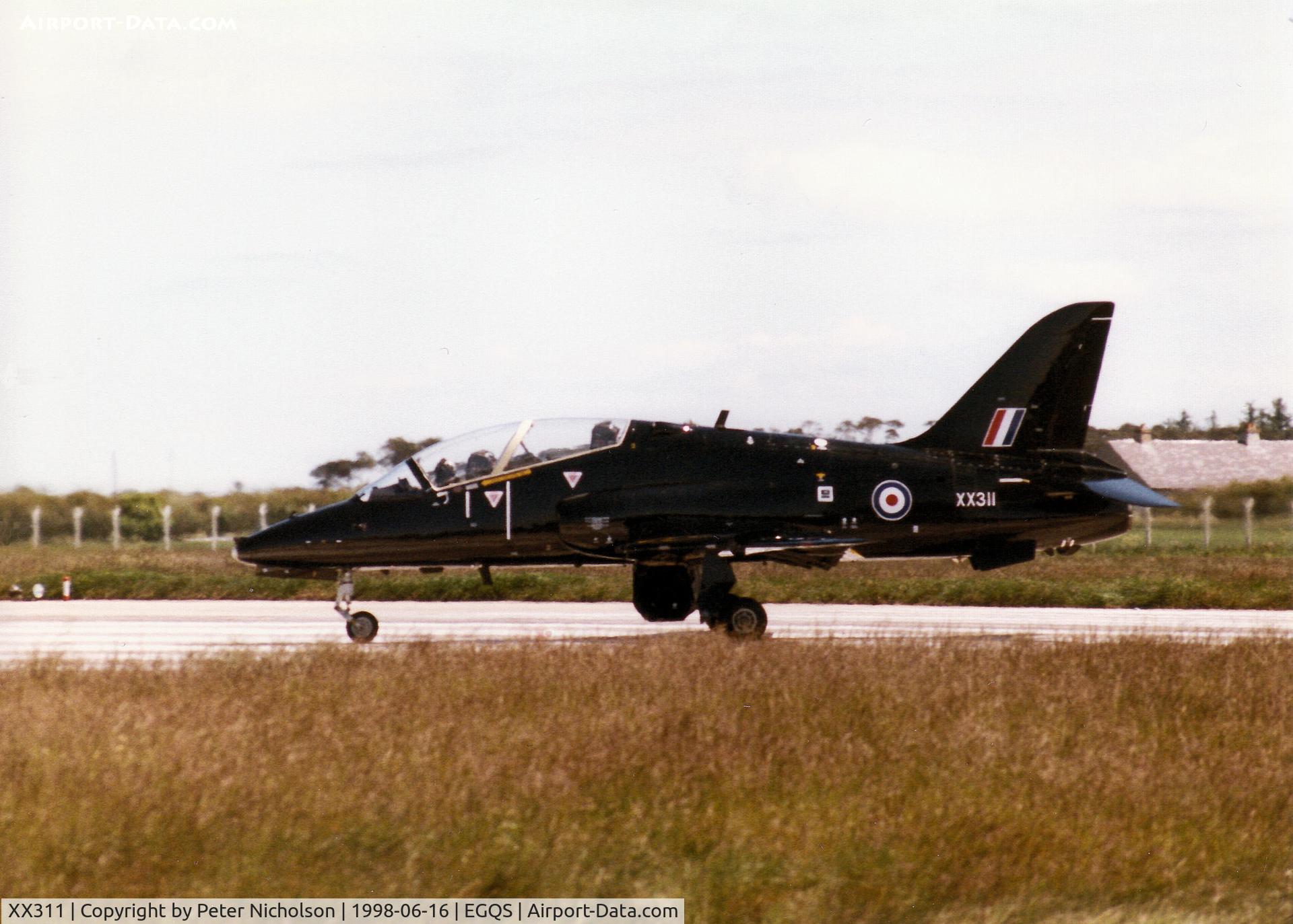 XX311, 1980 Hawker Siddeley Hawk T.1 C/N 147/312136, Hawk T.1 of the Royal Navy's Fleet Requirements and Air Direction Unit - FRADU - preparing for take-off on Runway 05 at RAF Lossiemouth during the 1998 Joint Maritime Course.