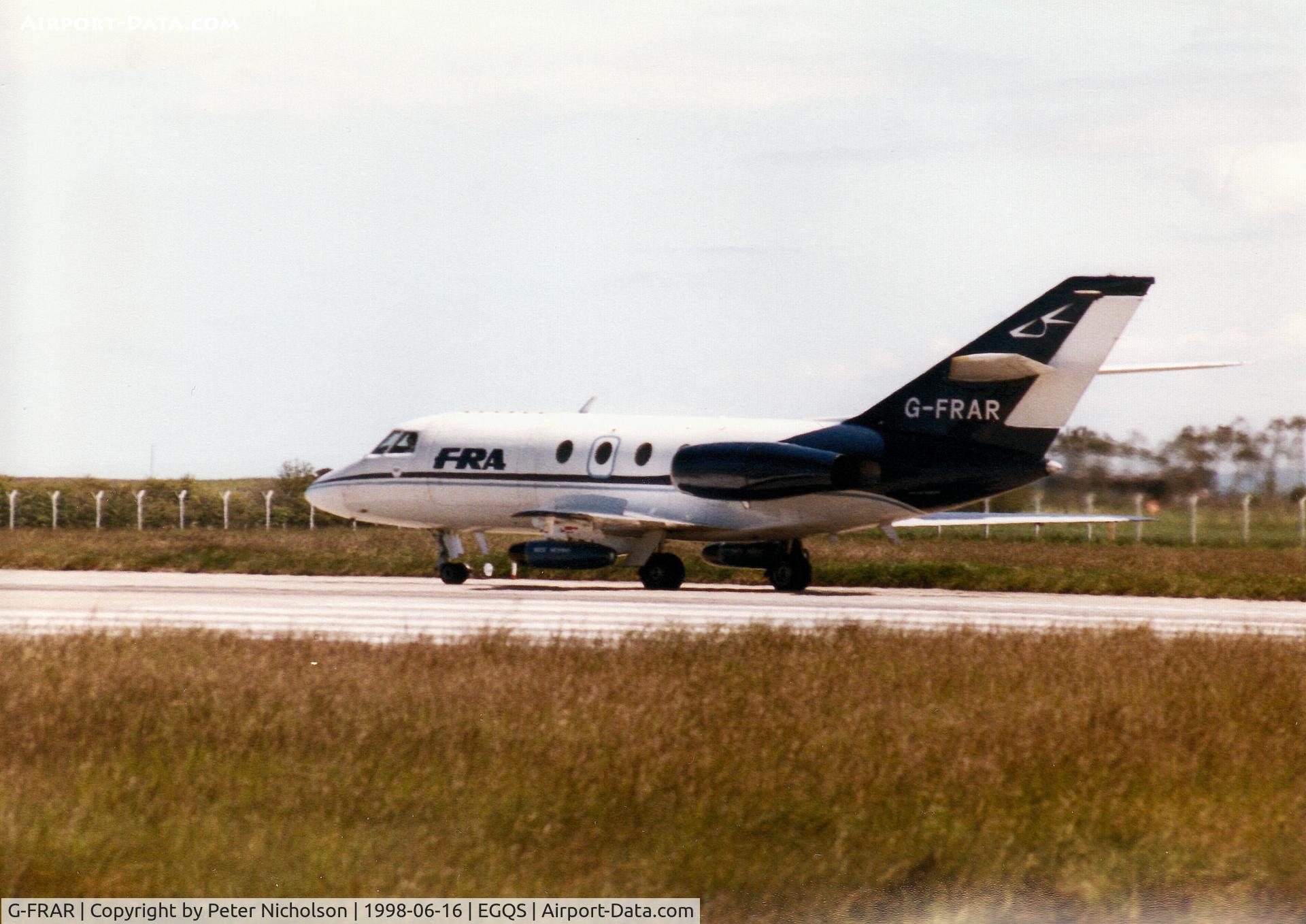 G-FRAR, 1969 Dassault Falcon (Mystere) 20DC C/N 209, Falcon 20, callsign Broadway 99, of FRA preparing for take-off on Runway 05 at RAF Lossiemouth during the 1998 Joint Maritime Course.