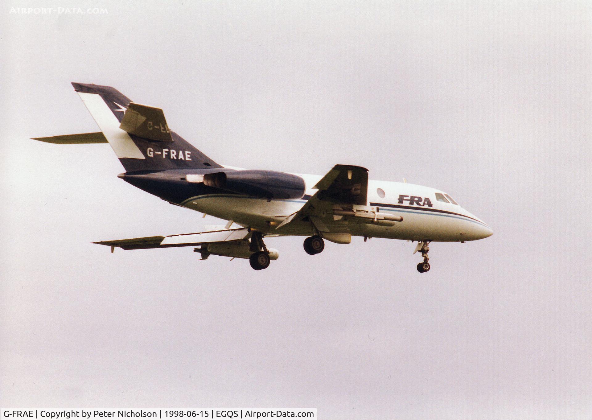 G-FRAE, 1973 Dassault Falcon (Mystere) 20E C/N 280, Falcon 20 of FRA arriving at RAF Lossiemouth for the 1998 Joint Maritime Course.